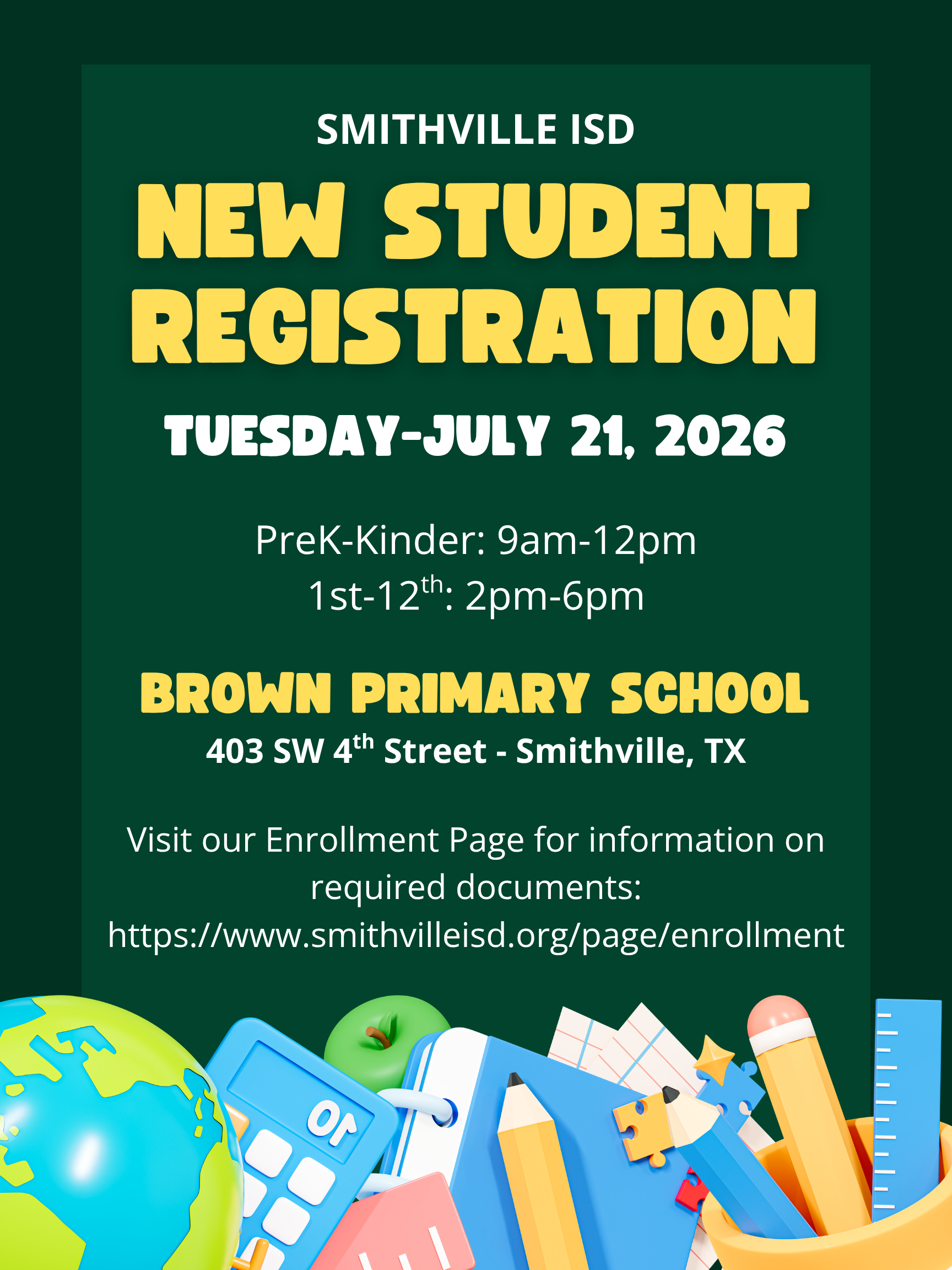 a flyer with a green background and gold writing for new student registration on July 21st