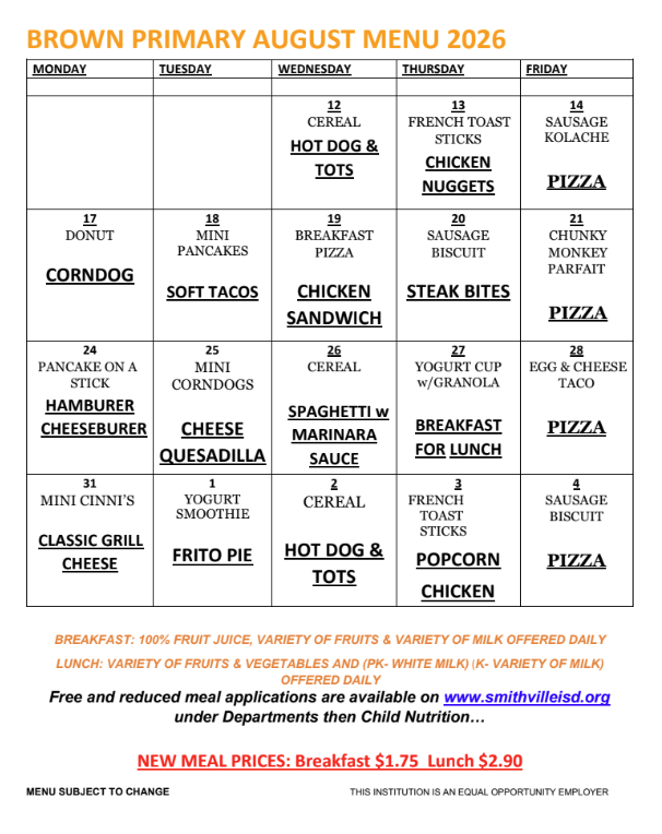August 2026 menu for Brown Primary. It lists breakfast and lunch options for each day of the week.
