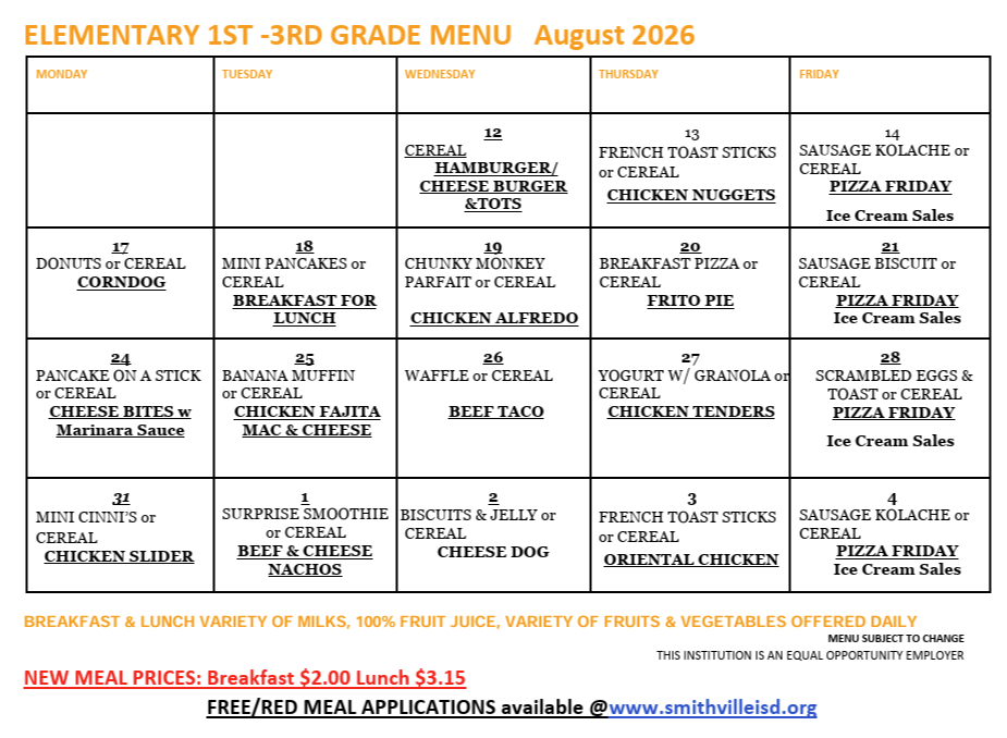 A table showing a menu for elementary school students from August 2026, with options for breakfast and lunch.