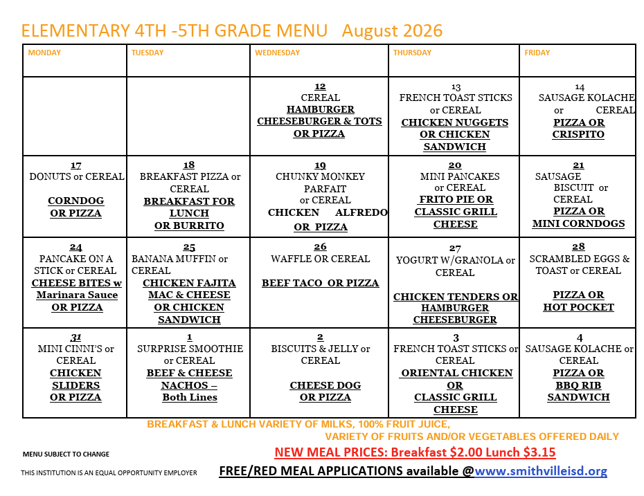 A school menu for elementary 4th to 5th grade from August 2026, featuring breakfast and lunch options.
