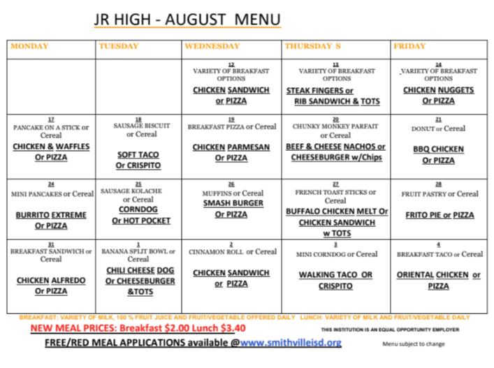 Menu for JR High school for August, showing breakfast, lunch, and dinner options for each day of the week.