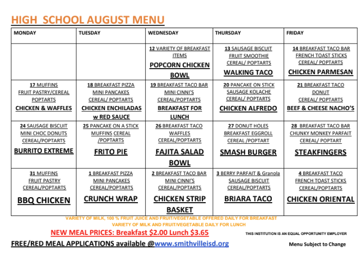 An August menu for a high school is displayed. It lists breakfast and lunch items for each day of the week.