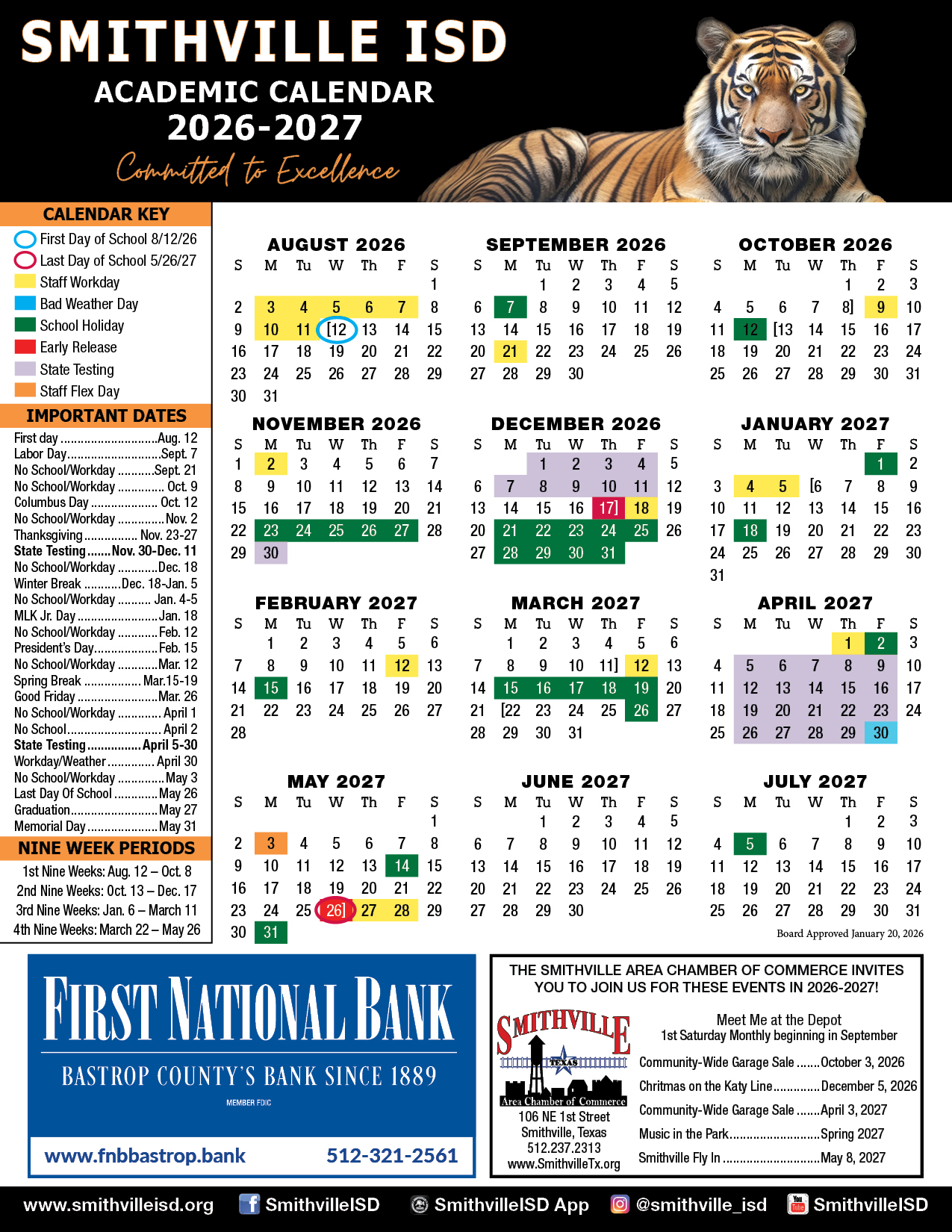 district calendar with associated holidays