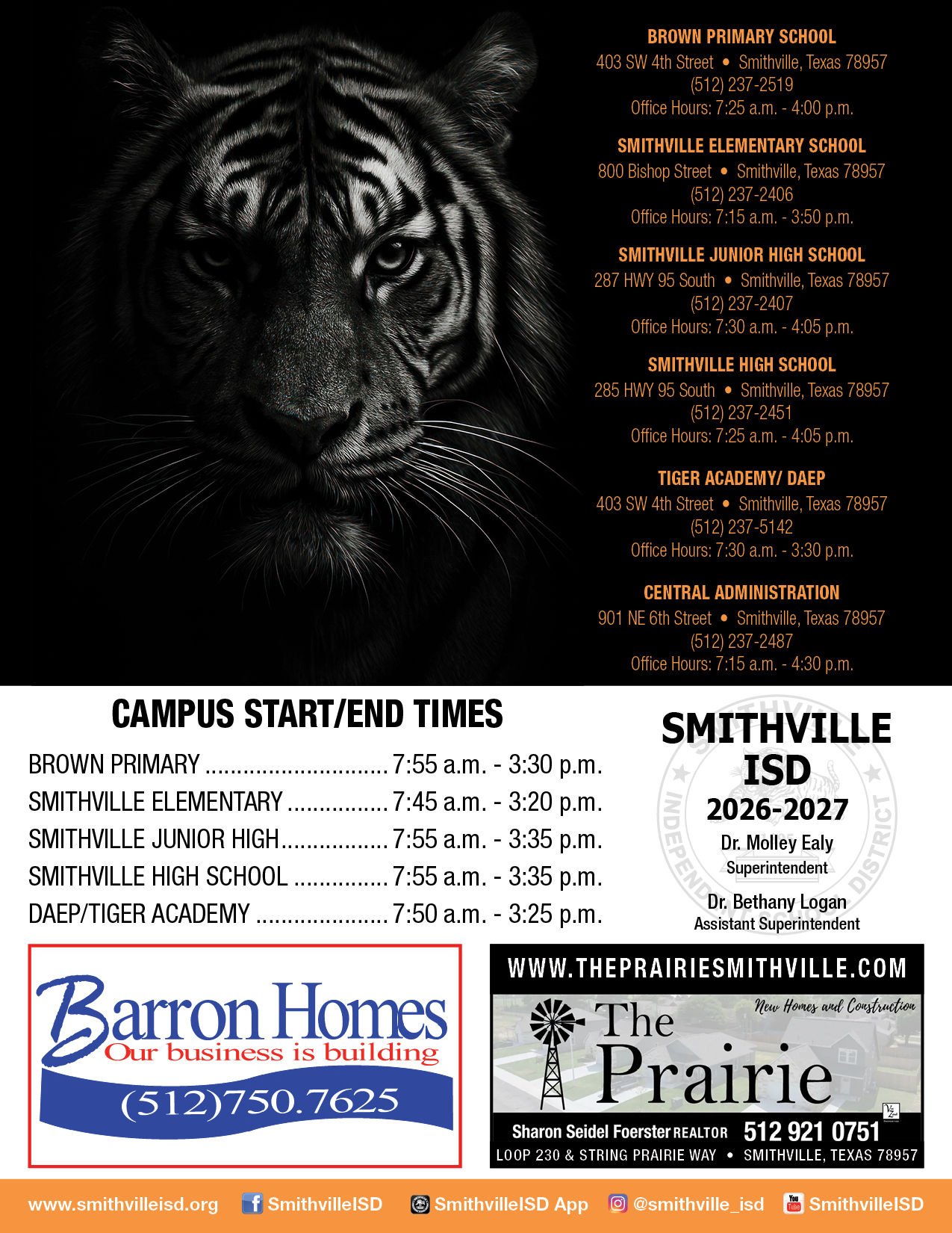 school open/close times and addresses/phone numbers for each campus