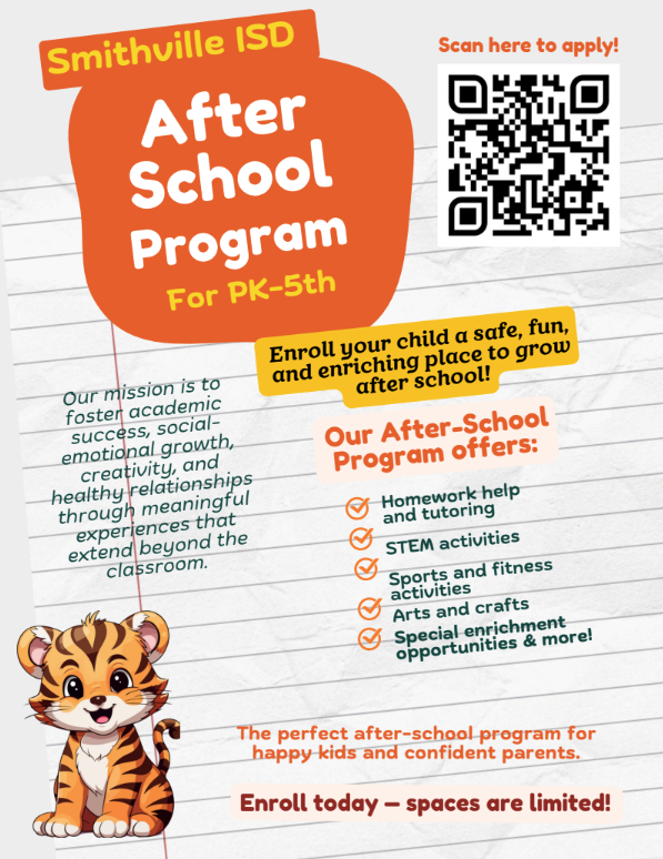 a flyer for after school program at smithville isd that includes a QR code for registration