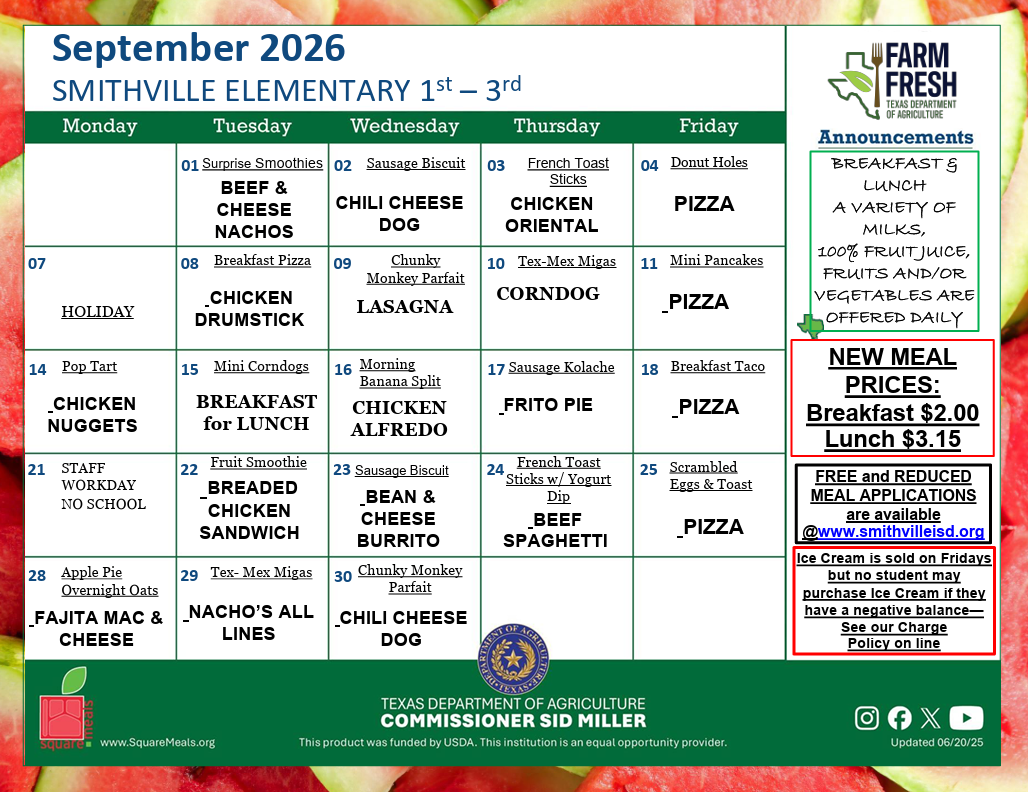 A table showing a menu for elementary school students from September 2026, with options for breakfast and lunch.