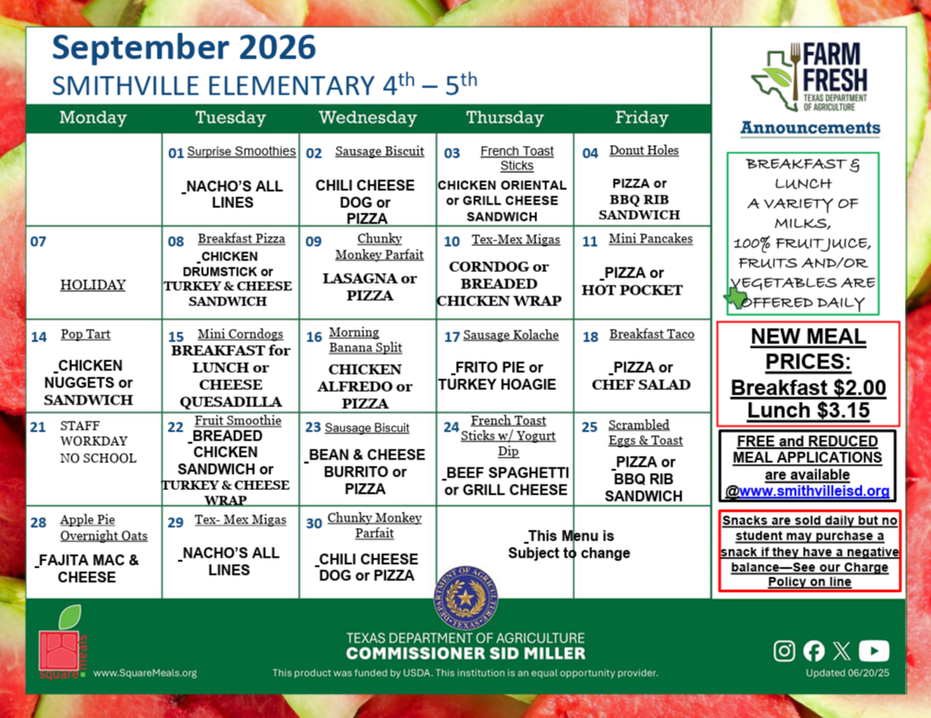A school menu for elementary 4th to 5th grade from September 2026, featuring breakfast and lunch options.