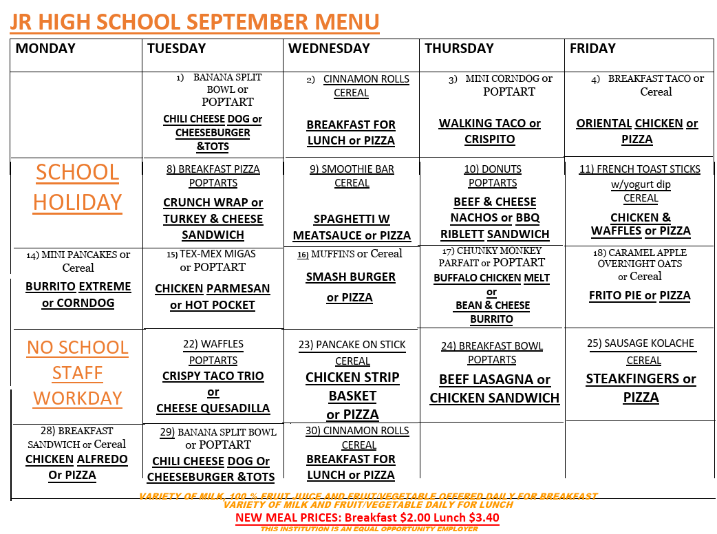 Menu for JR High school for September, showing breakfast, lunch, and dinner options for each day of the week.