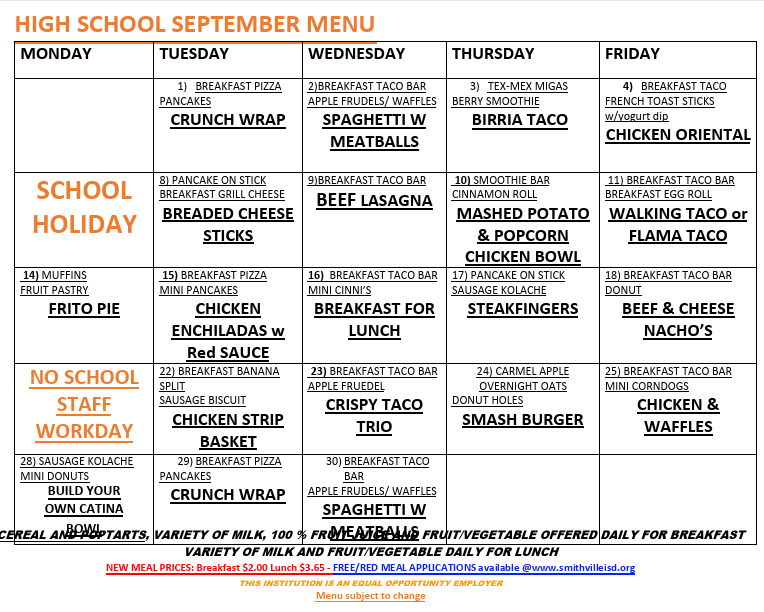 A September menu for a high school is displayed. It lists breakfast and lunch items for each day of the week.