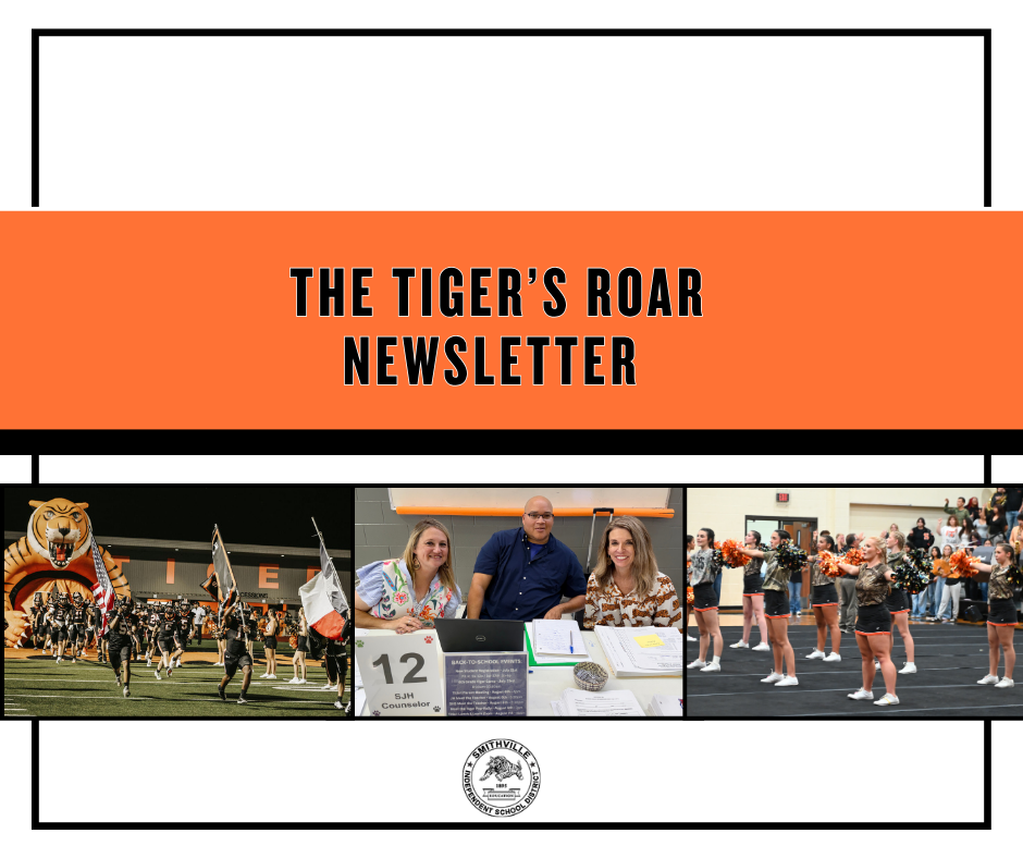 Title reads "The Tiger's Roar Newsletter" over images of a mascot, people at a desk, and cheerleaders.