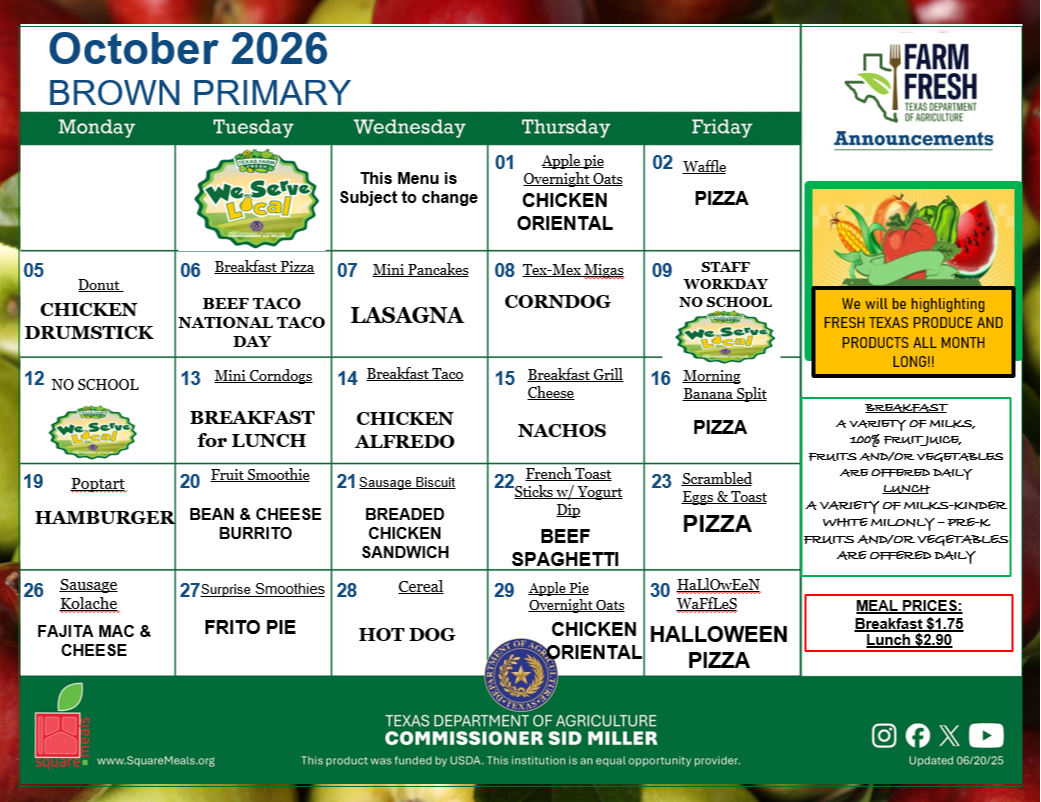 A calendar for October 2026. "Brown Primary" in the top left corner. Meals listed for each day.