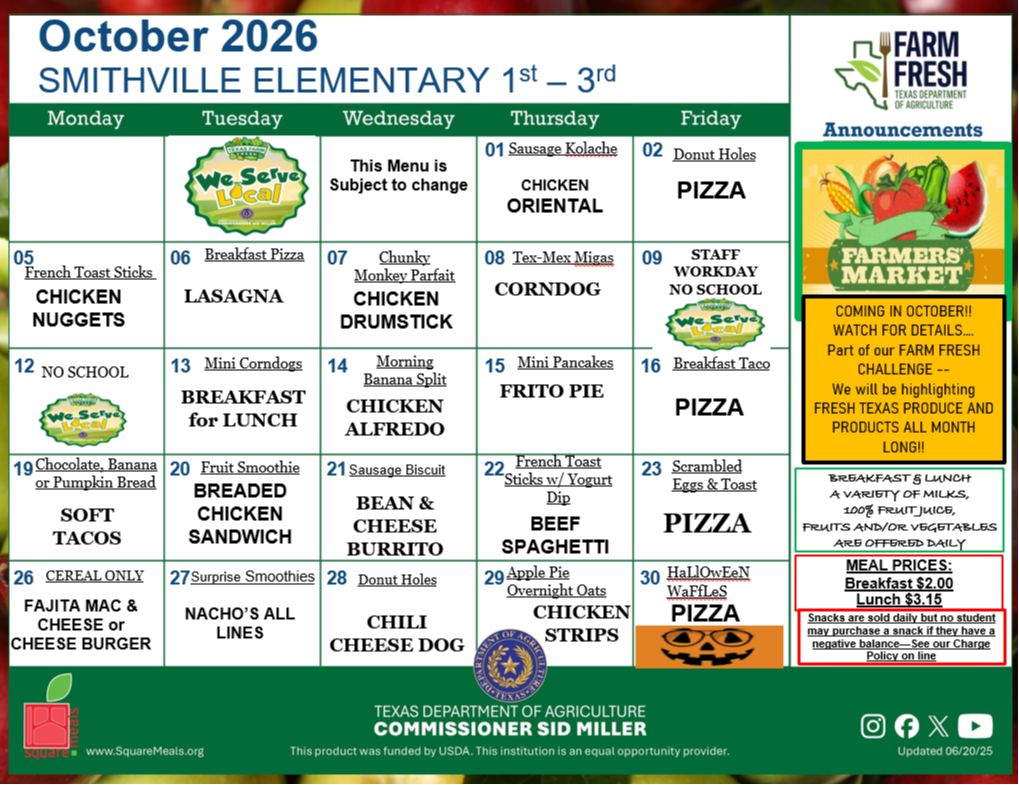 A table showing a menu for elementary school students from October 2026, with options for breakfast and lunch.