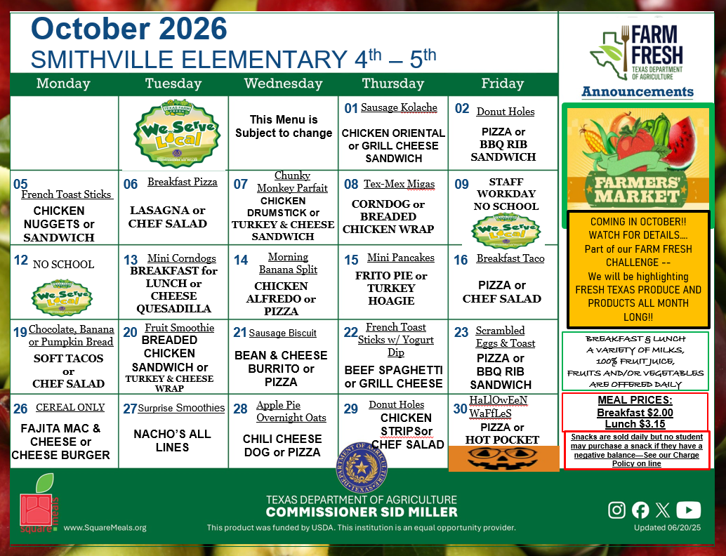 A school menu for elementary 4th to 5th grade from October 2026, featuring breakfast and lunch options.