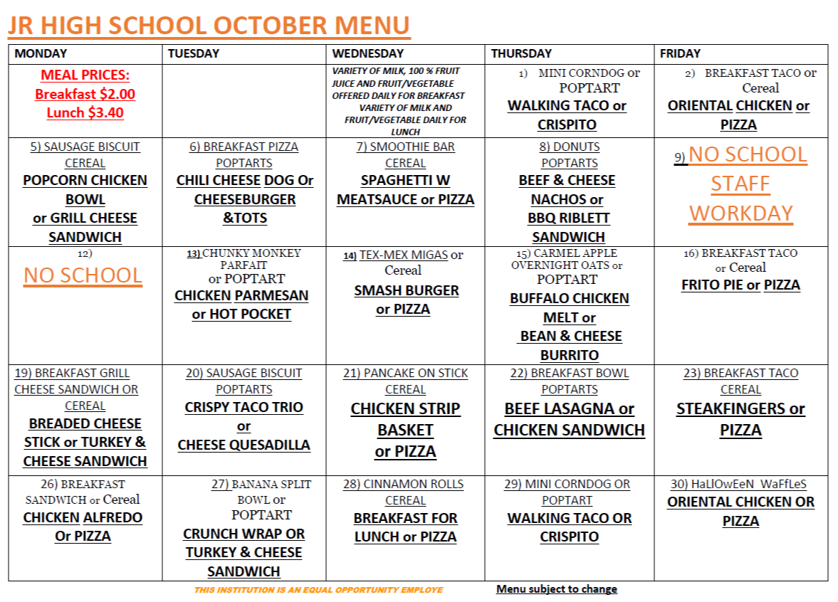 Menu for JR High school for October, showing breakfast, lunch, and dinner options for each day of the week.
