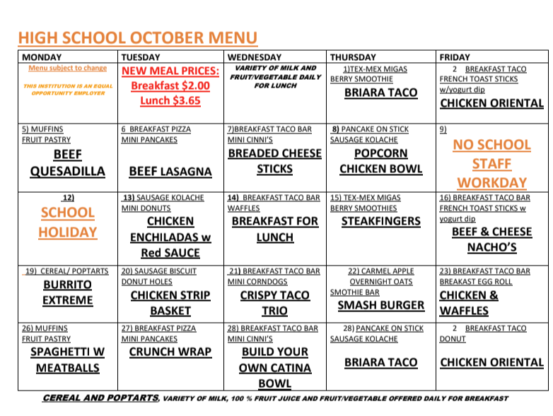 A chart displays a high school menu for October with weekly options like pizza, tacos, and more. Background is plain white.