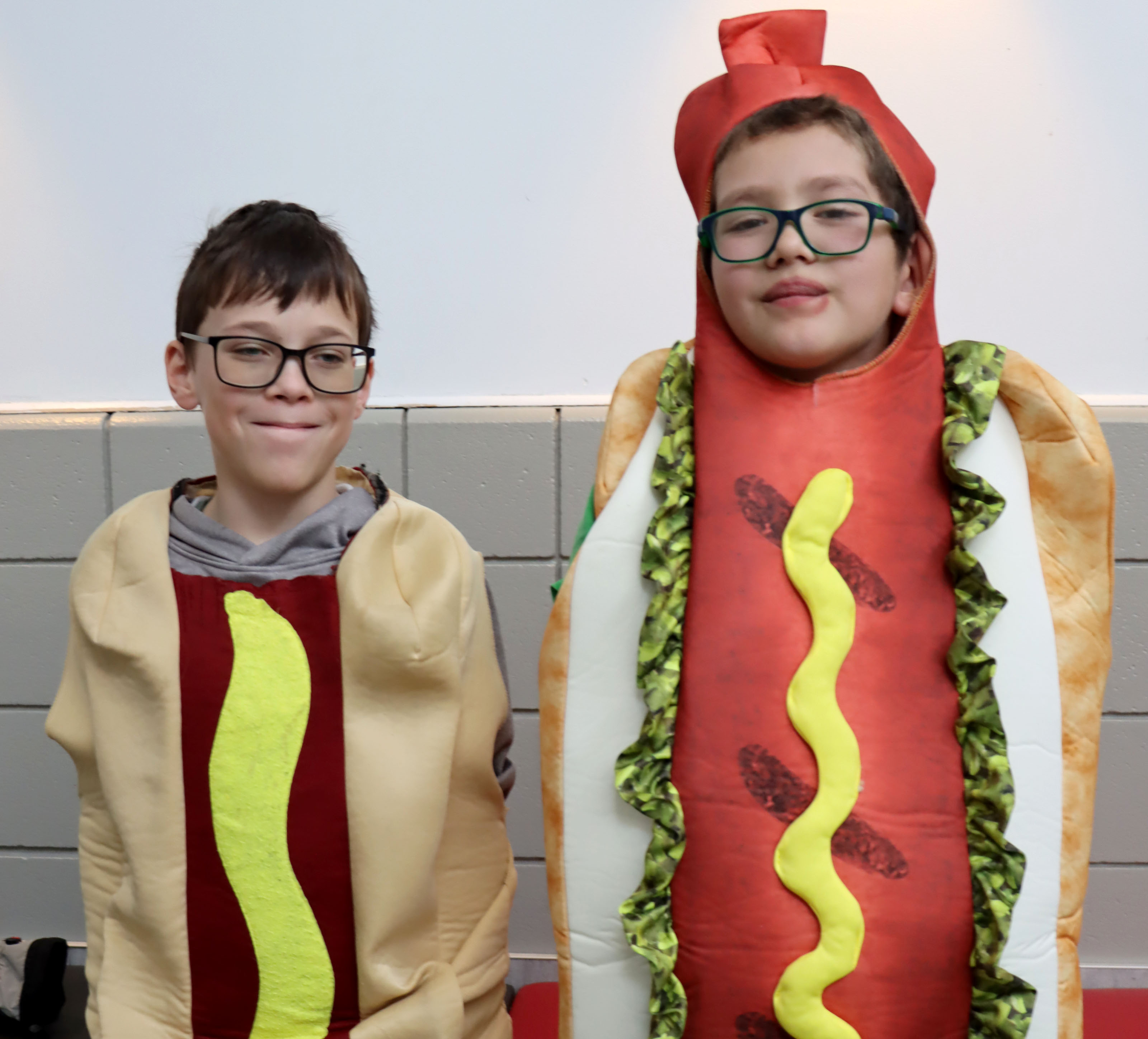 two boys dressed as hotdogs for Halloween