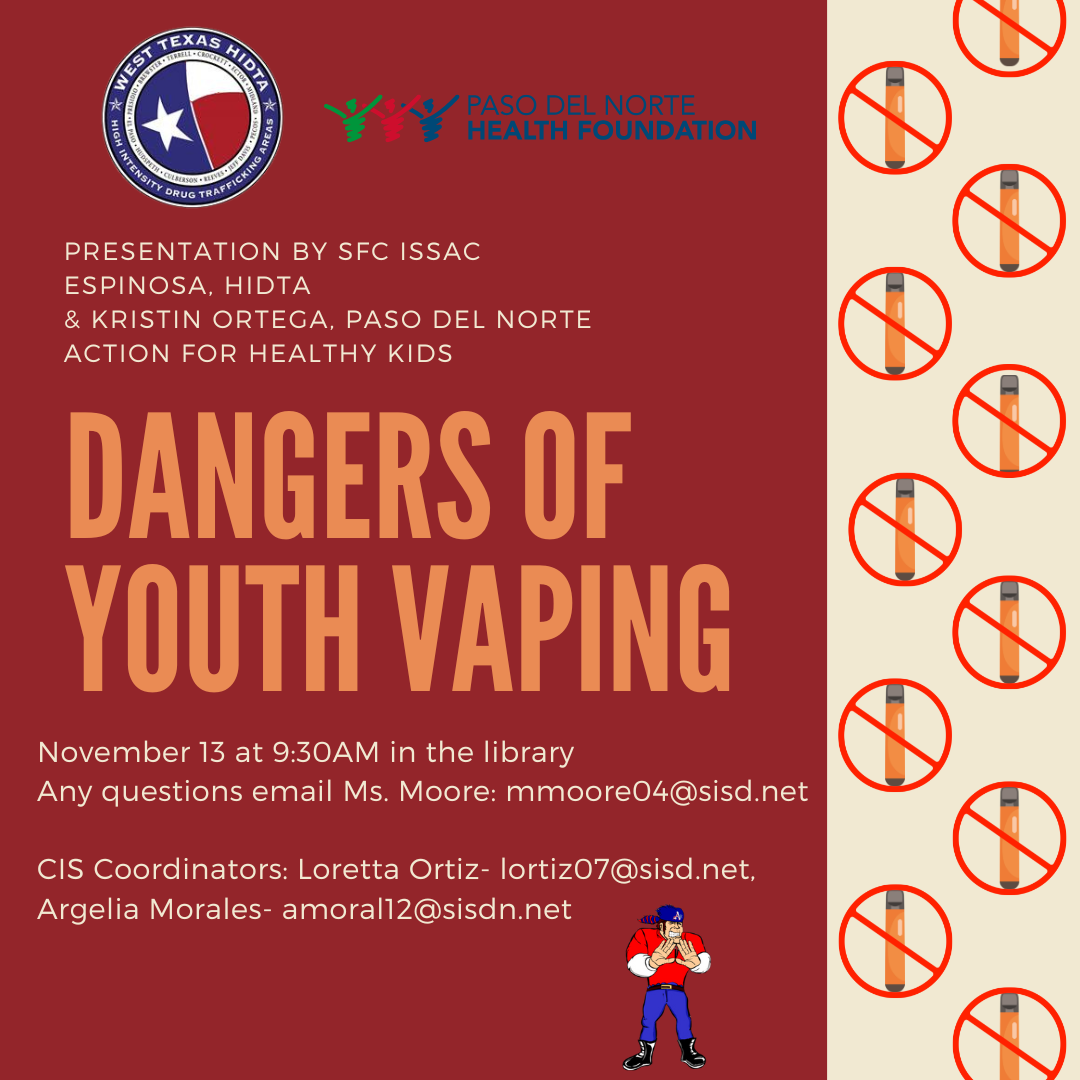 Dangers of Youth Vaping Flyer November 13 9:30 am in the Americas HS Library