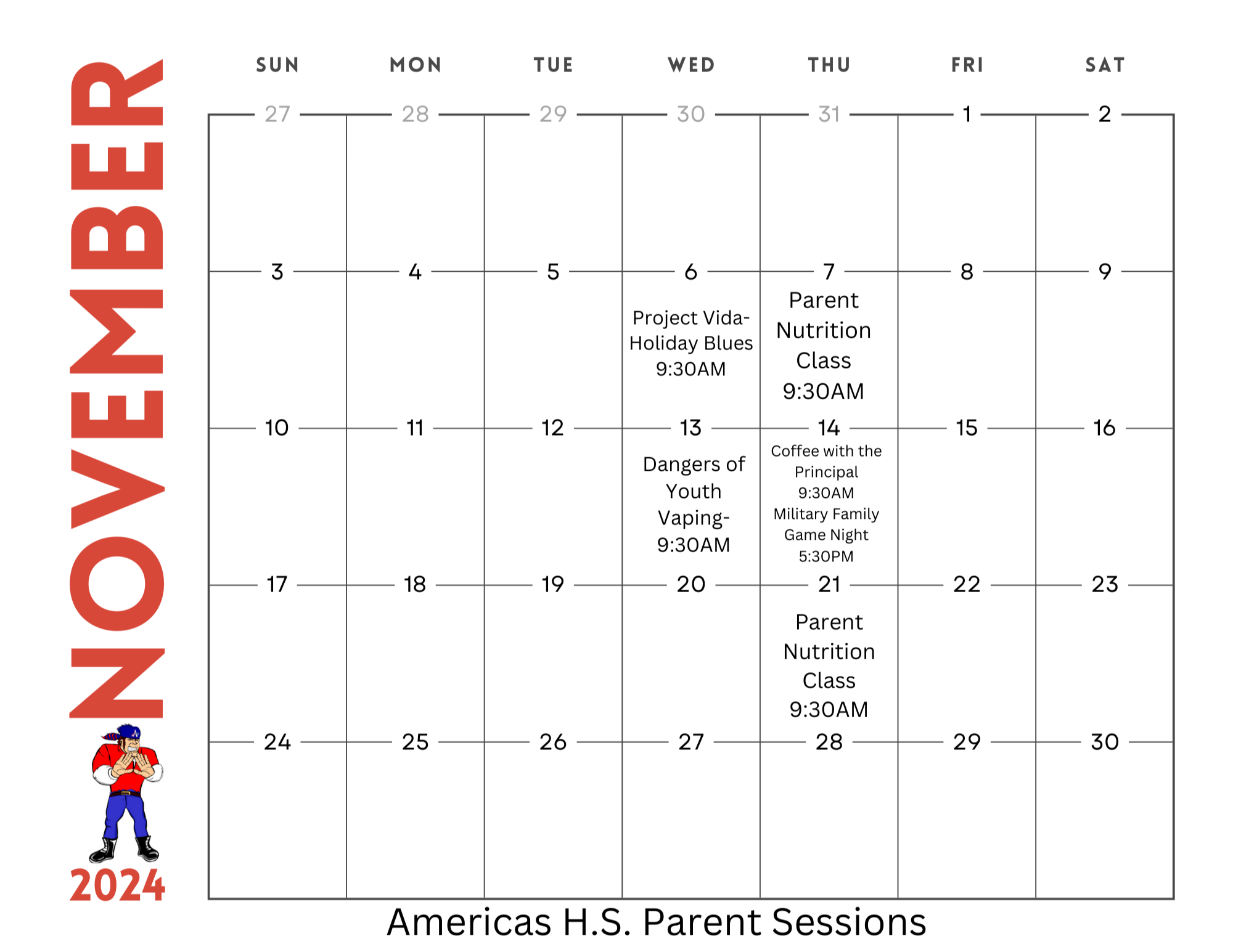 November Calendar for Parents