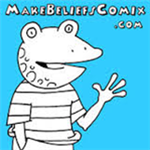 logo for makebeliefcomix showing a cartoon lizard in a tshirt