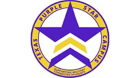Purple Star surrounded by a gold ring containing the words "Texas Purple Star Campus"