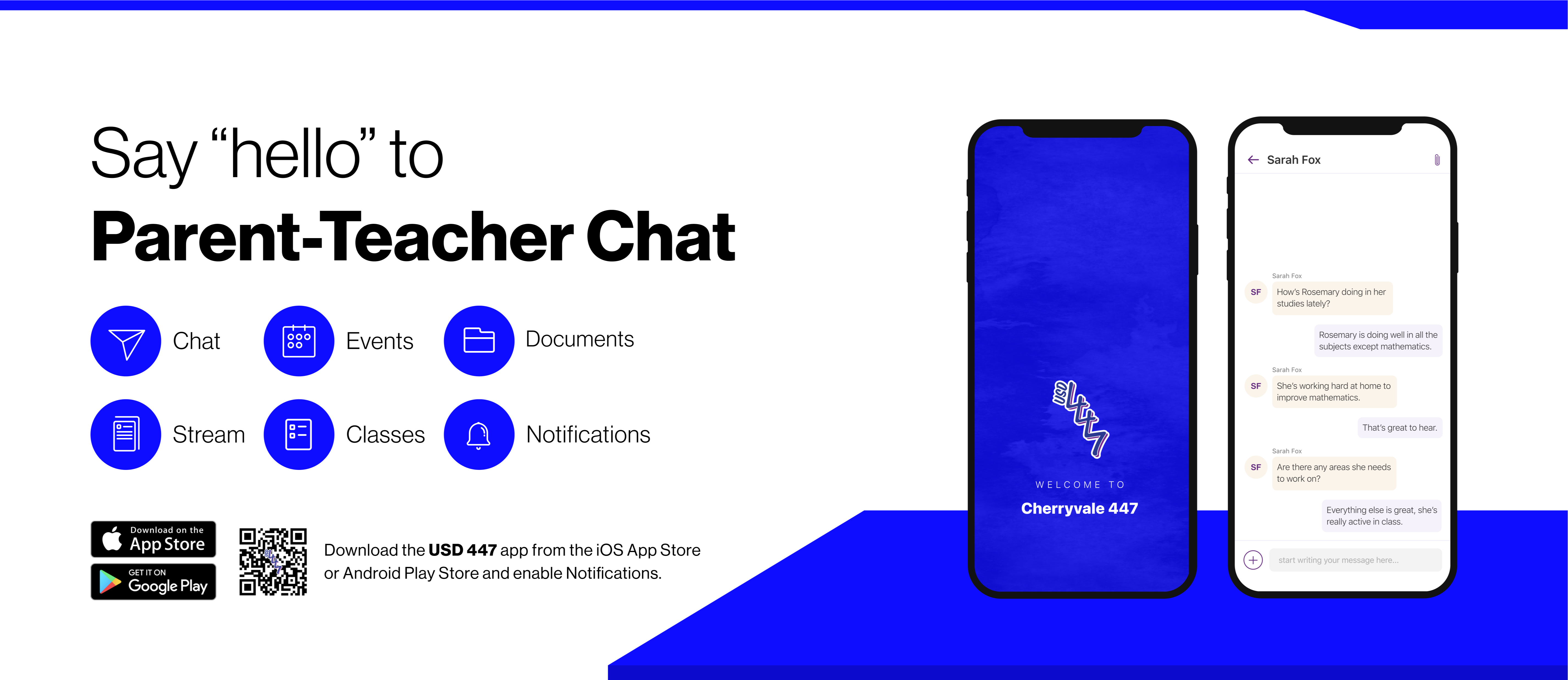 Say hello to Parent-Teacher chat in the new Rooms app. Download the Cherryvale USD 447 app in the Google Play or Apple App store