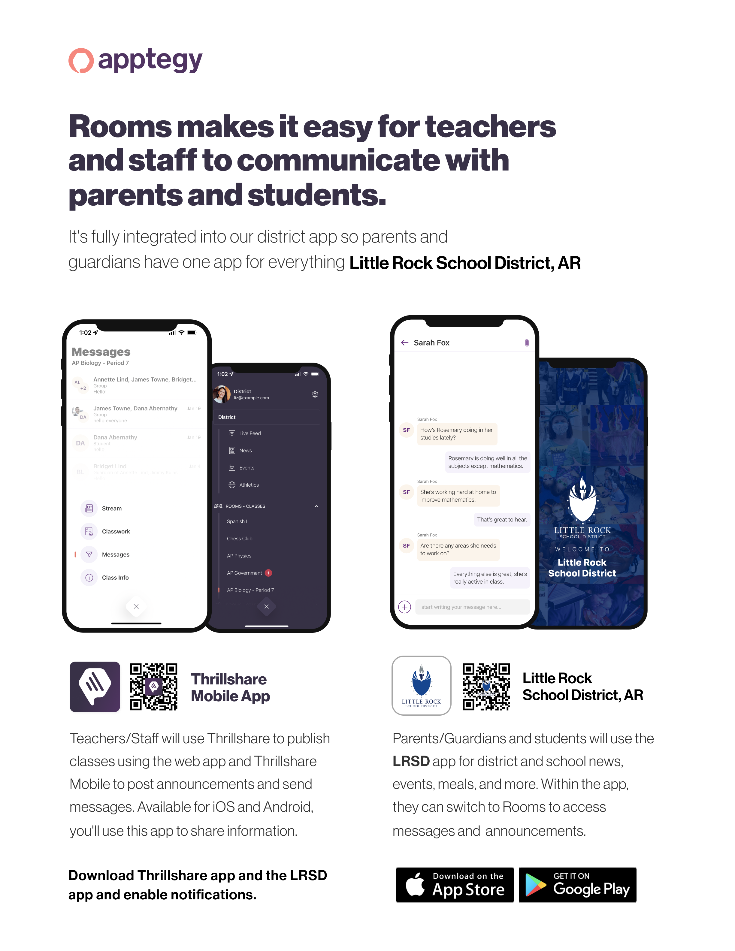 “Say hello to Parent-Teacher chat in the new Rooms app. Download the little rock district app in the Google Play or Apple App store.”