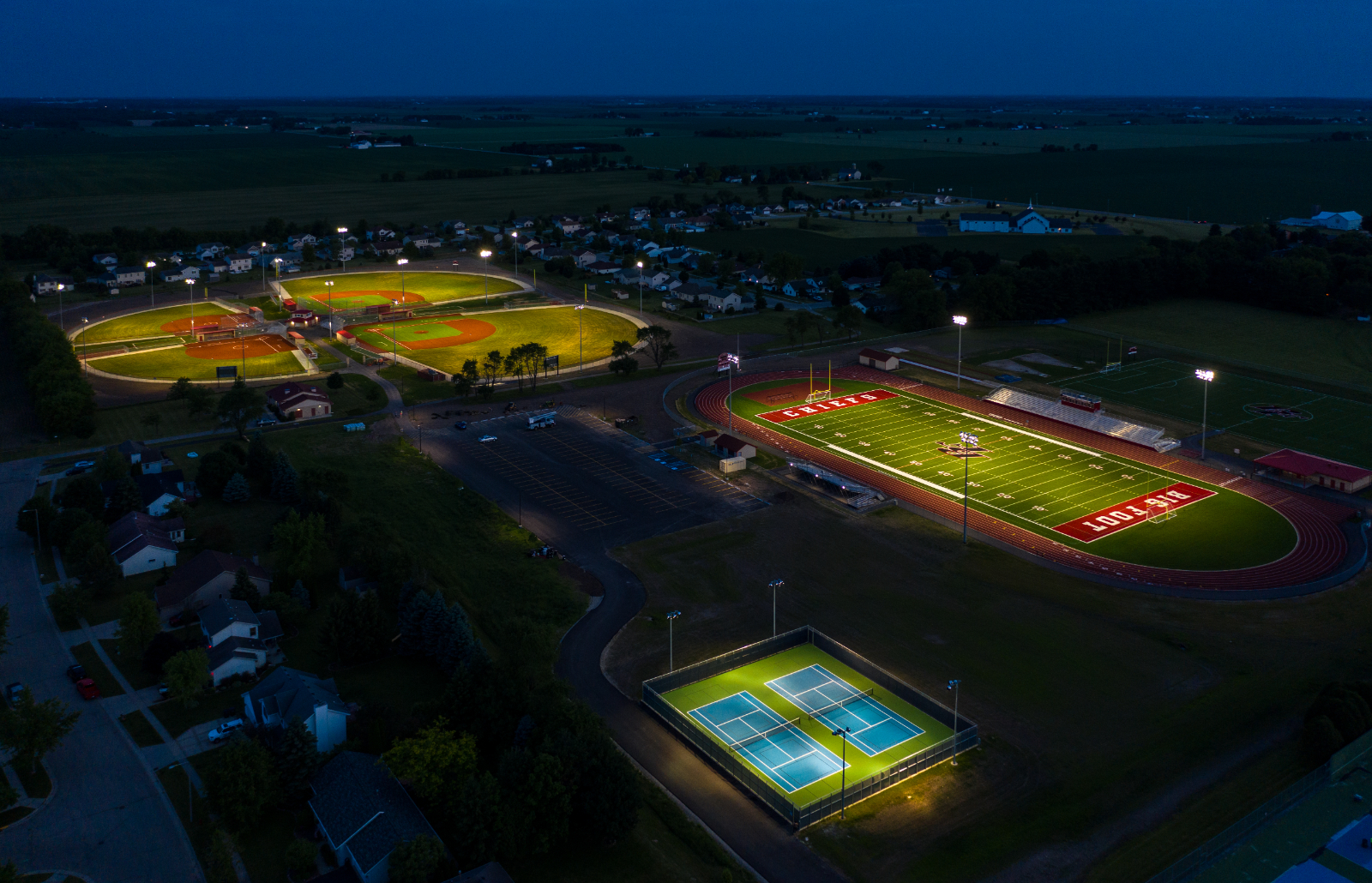 Various sports fields at night