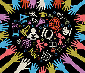Hands forming heart with school subject symbols inside