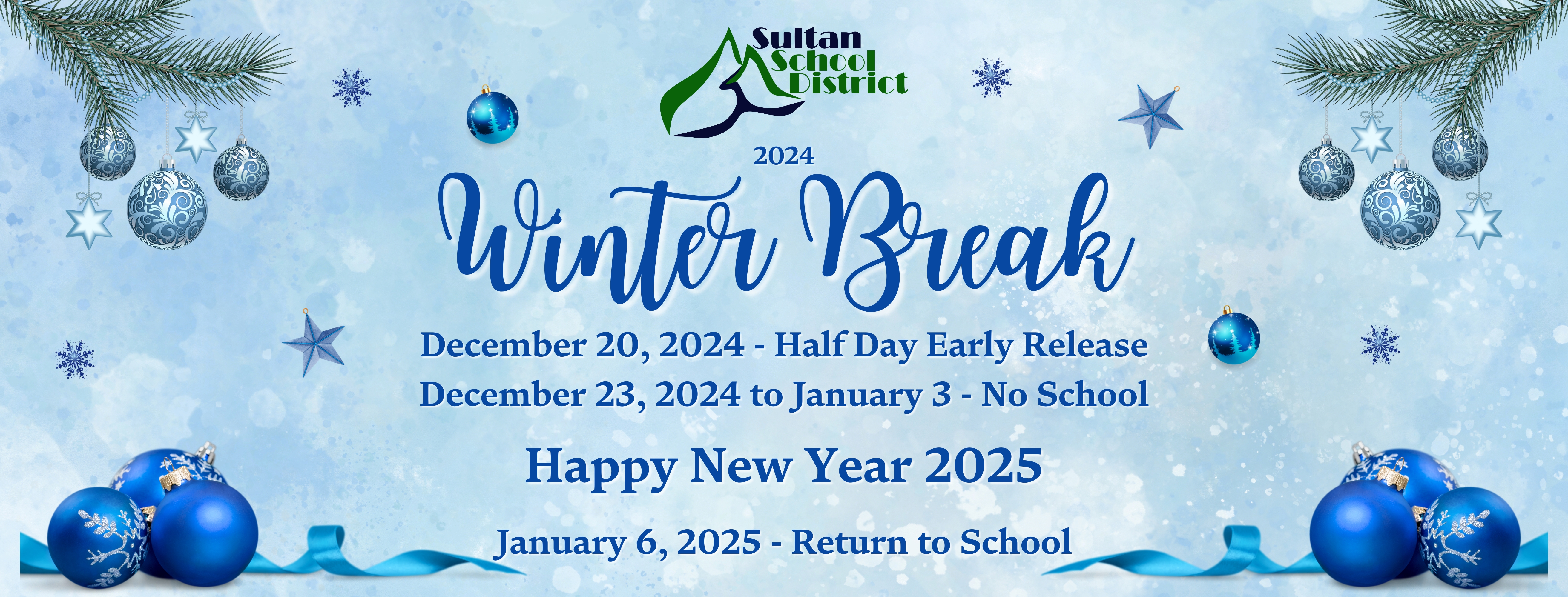 Winter Break 2024 - half day early release 12/20, no school 12/23-1/3, school returns on 1/6/25.