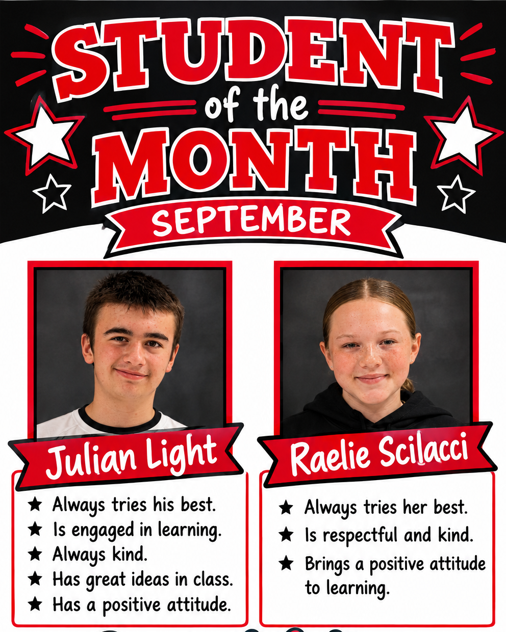Black-and-white poster highlights two students. Julian Light, with short hair, smiles. Raelie Scilaccci, with short hair, smiles. Both have attributes listed.