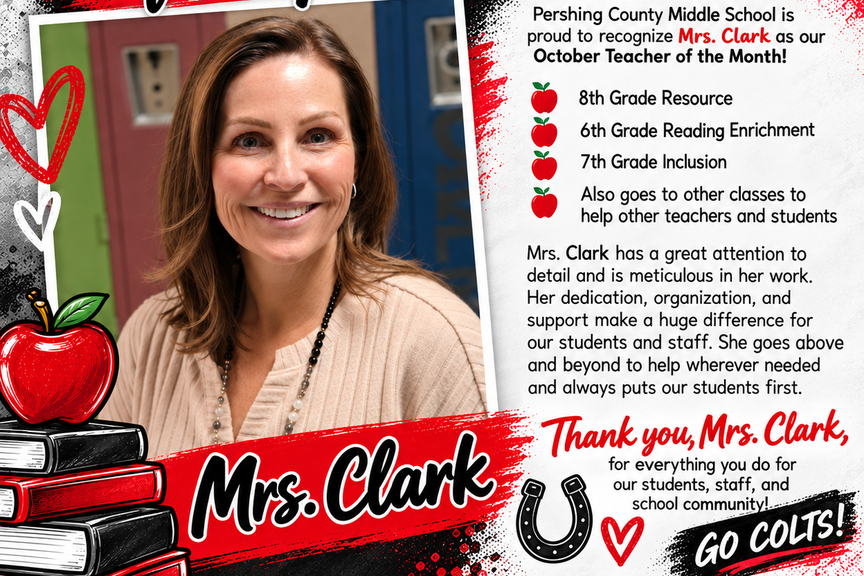 Poster recognizing Mrs. Clark as October Teacher of the Month. Image of smiling teacher, with text describing her dedication and efforts.