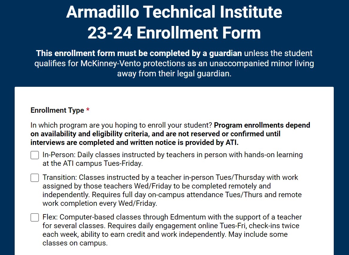 Screenshot of ATI Online Enrollment form