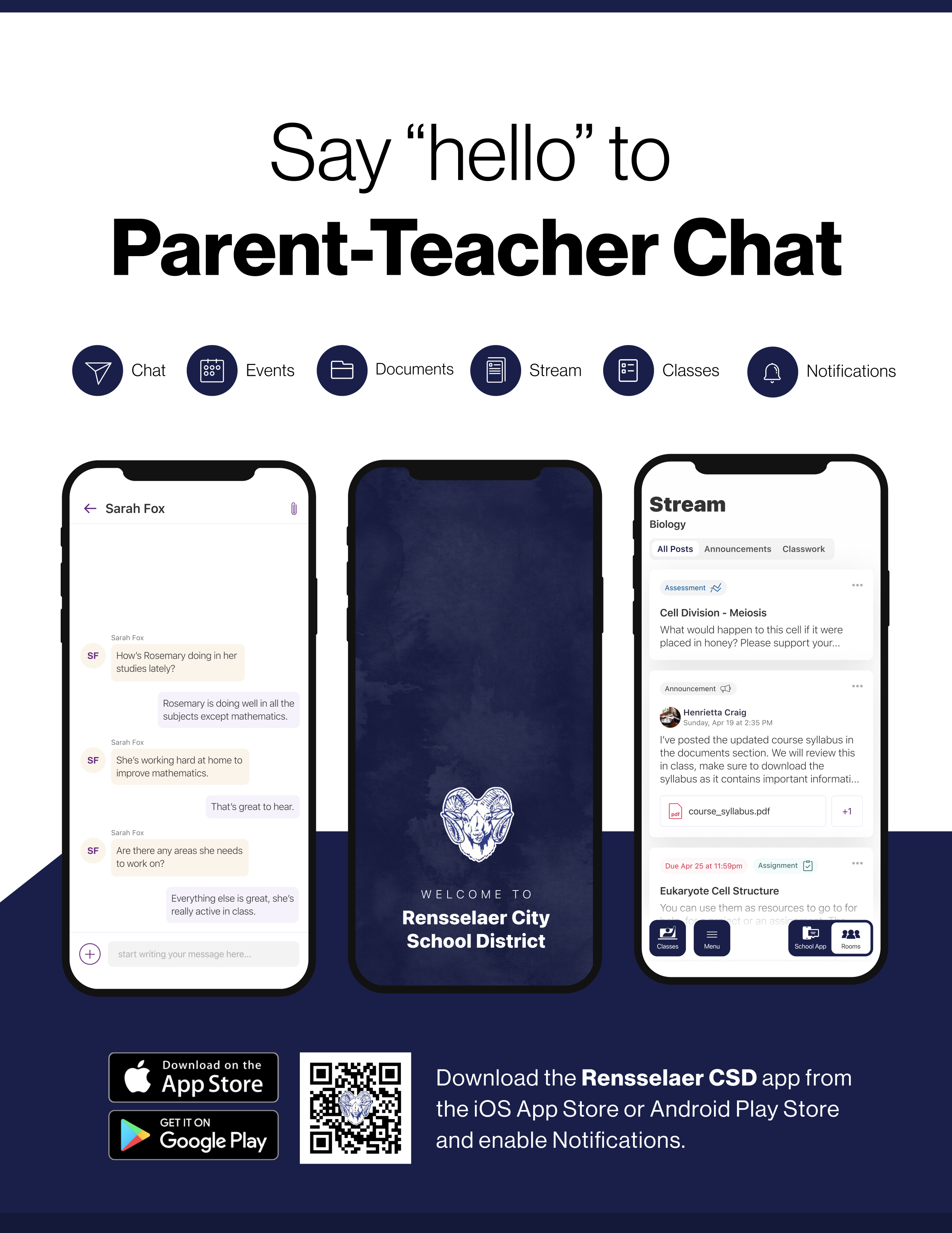 Say hello to Parent-Teacher chat in the new Rooms app. Download the Rensselaer City School District app in the Google Play or Apple App store