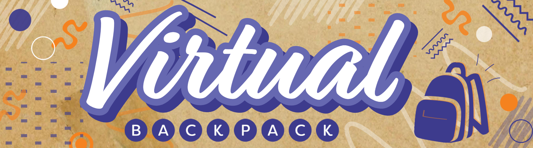 Virtual Backpack logo. Paper bag background, in text "Virtual Backpack". Background has different squiggles in blue, orange and white. There is a blue backpack in the bottom right hand corner. 