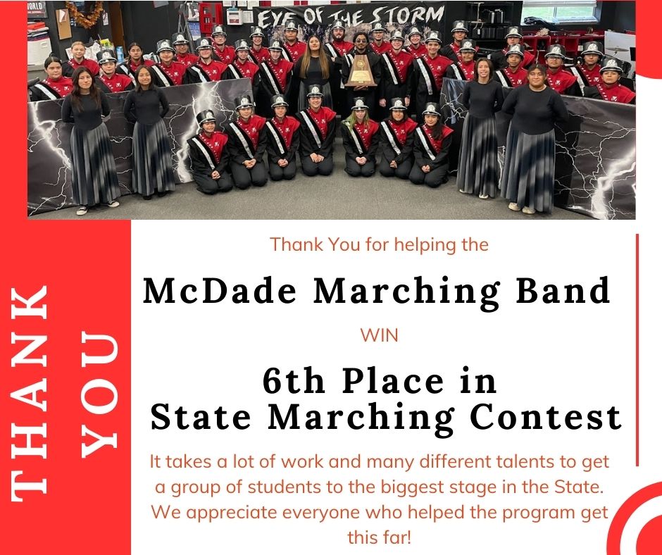 Thank you for Helping McDade Marching Band get to State