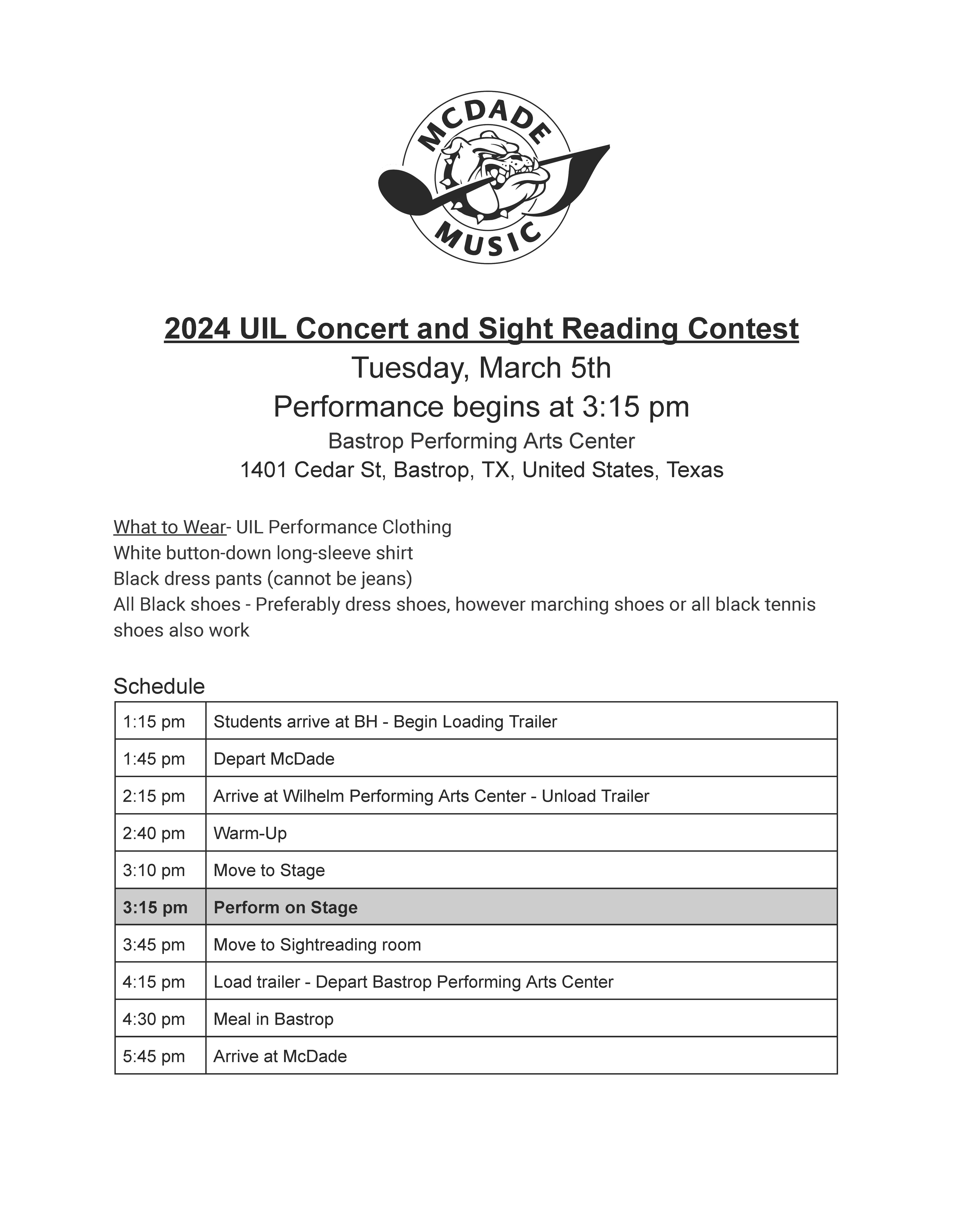 UIL Concert and Sightreading Schedule