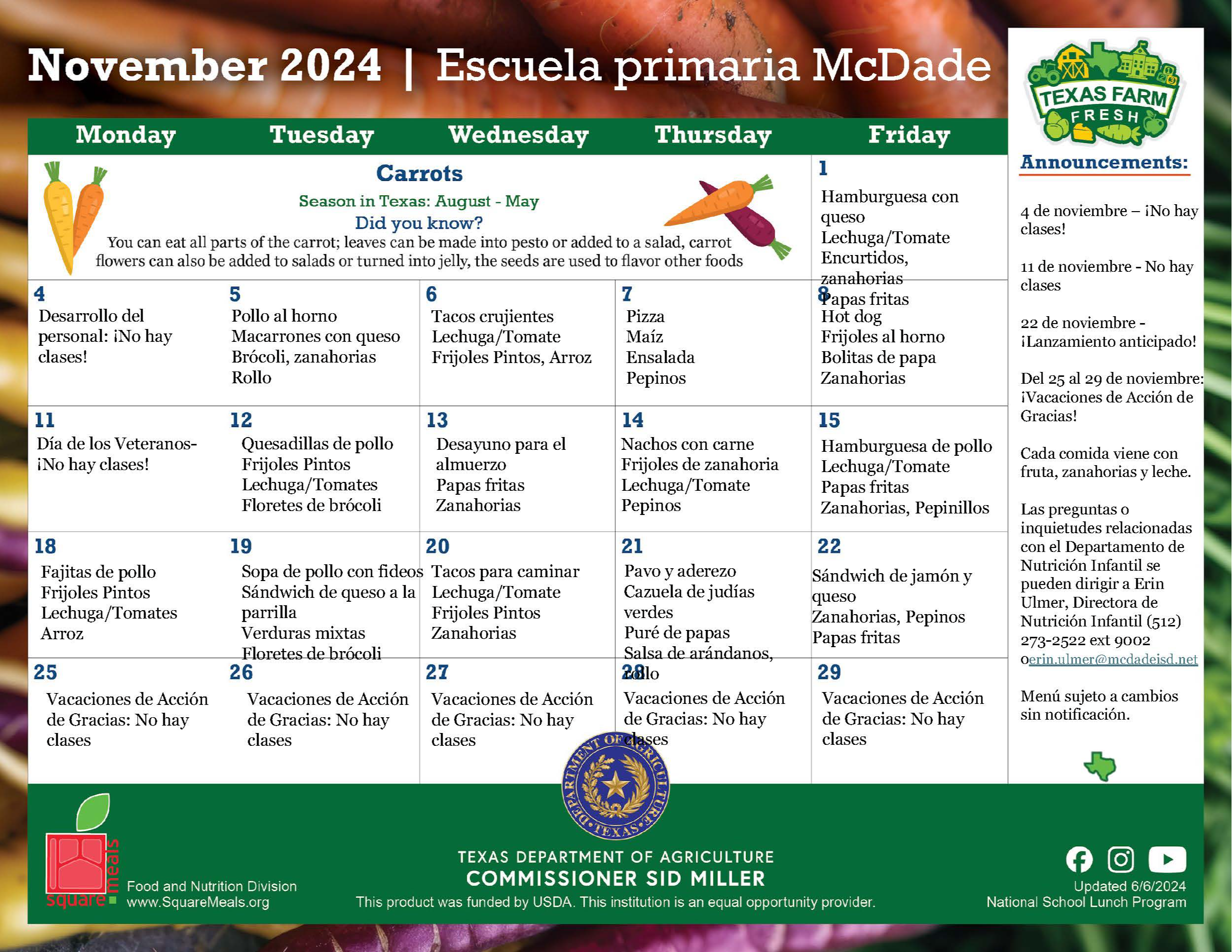 Elementary Lunch Menu (spanish)