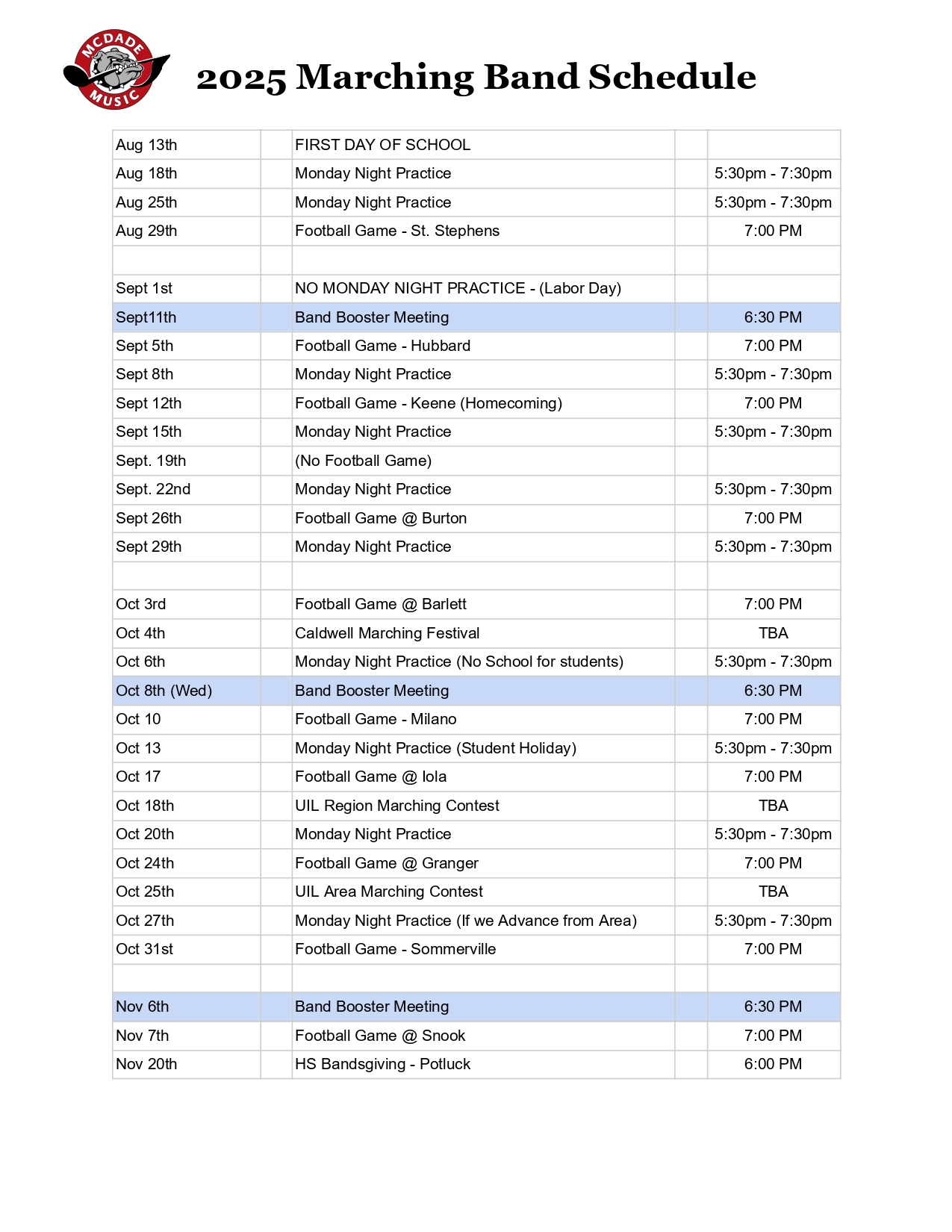 2025 Marching Band Schedule