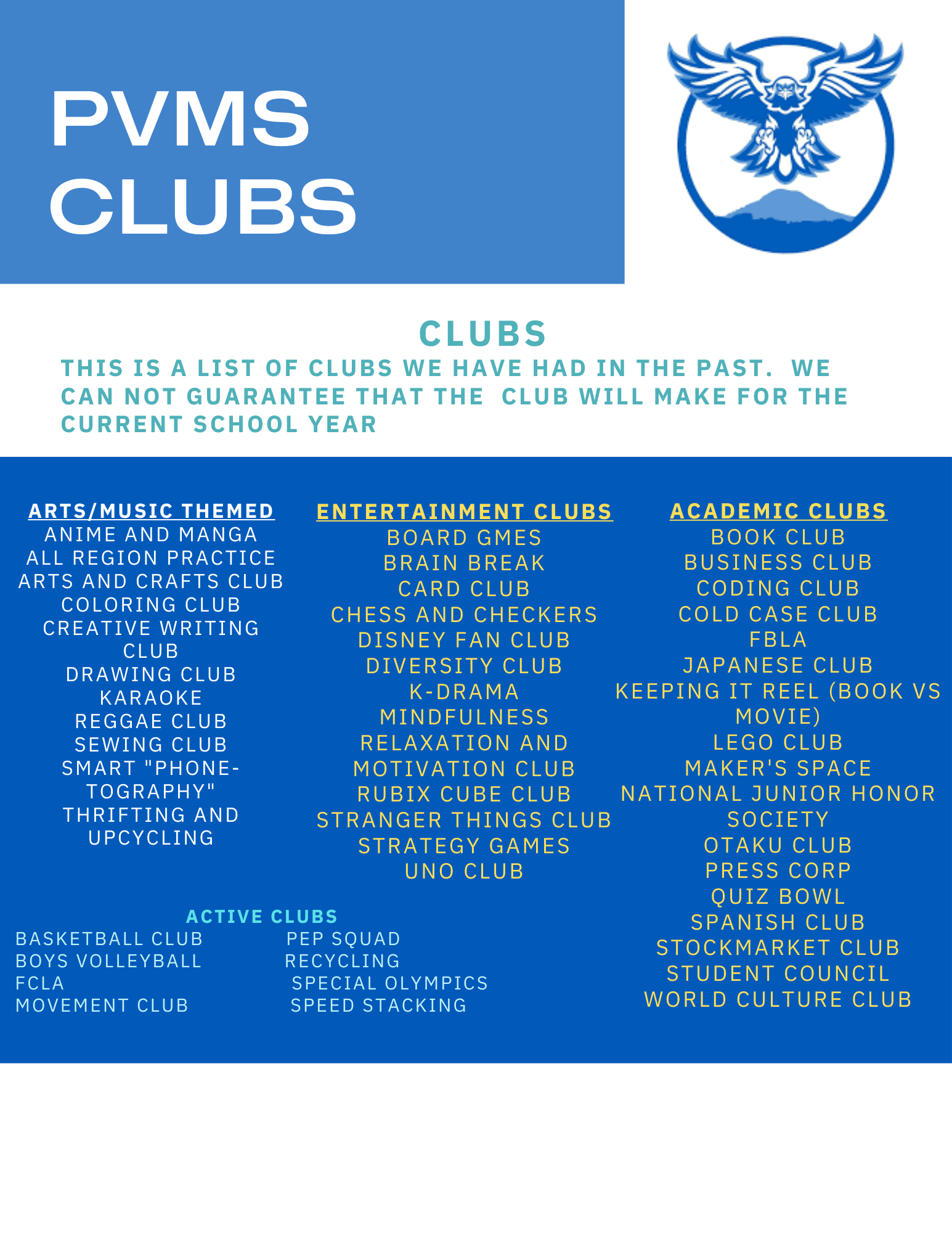 A list of club offerings for PVMS