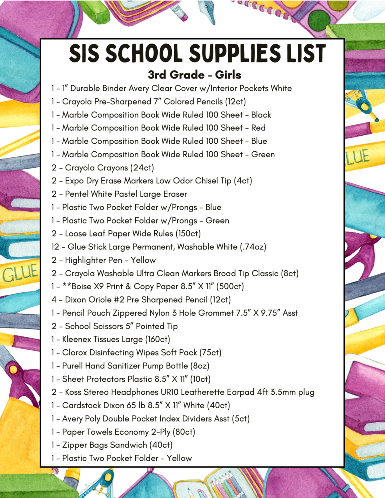 third grade supply list