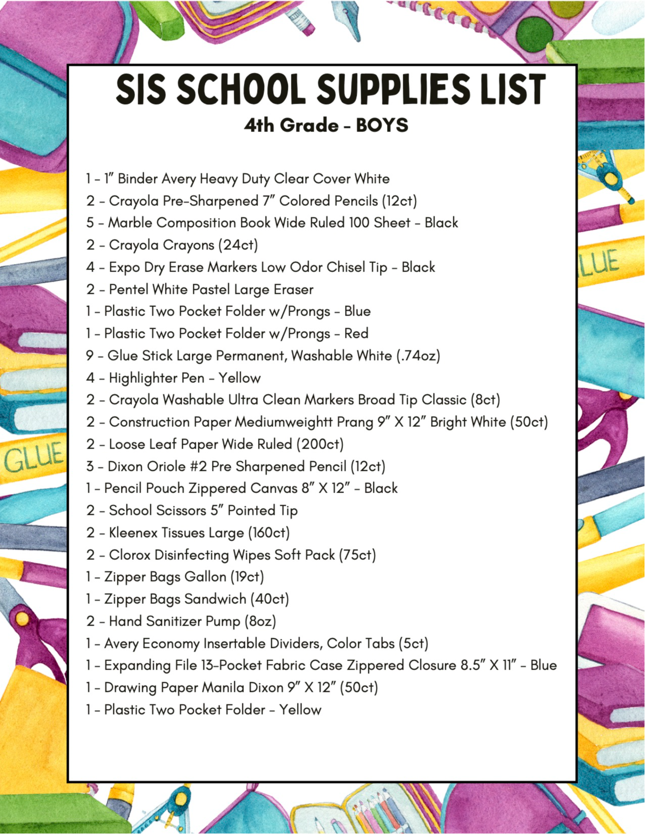 Fourth Grade Supply List