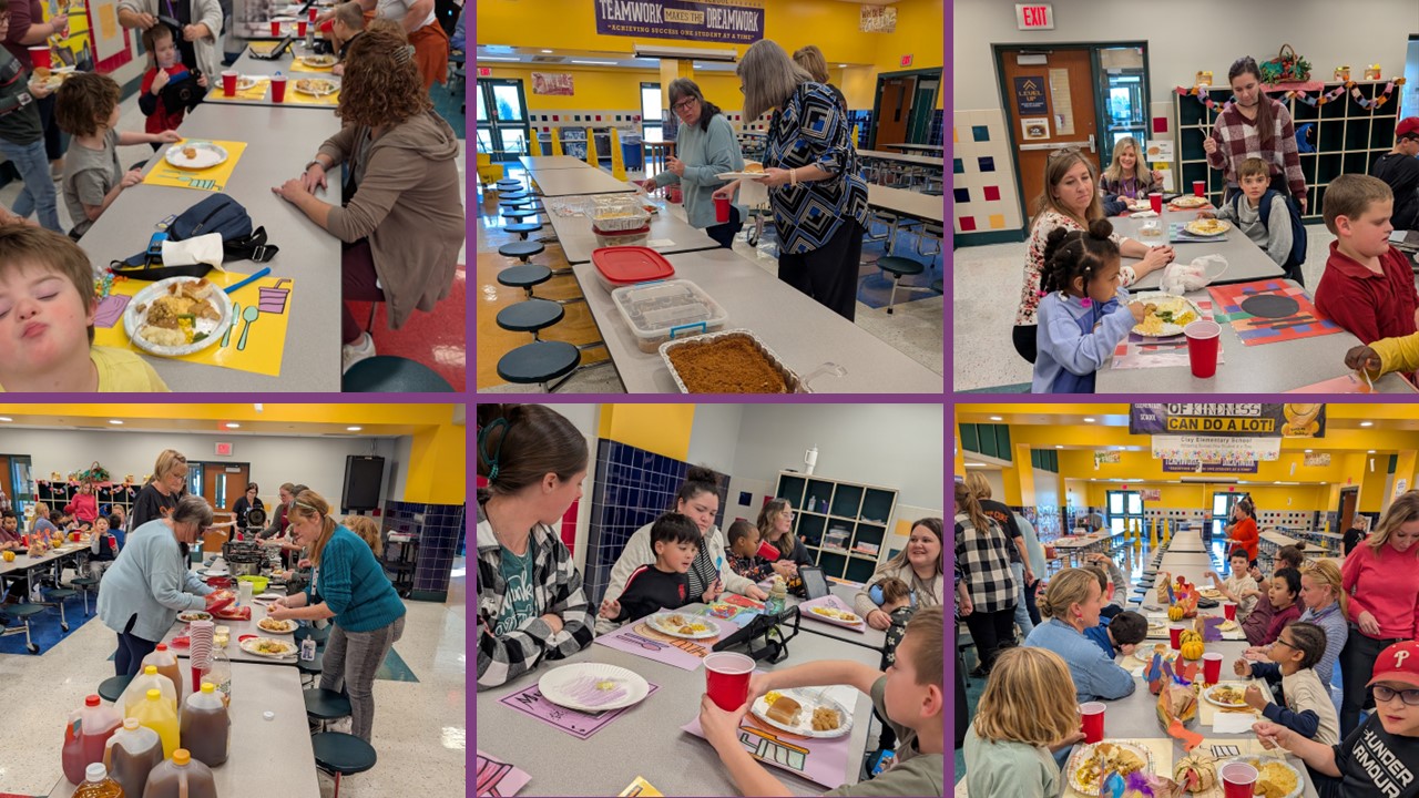 collage of students and staff enjoying a Thanksgiving meal