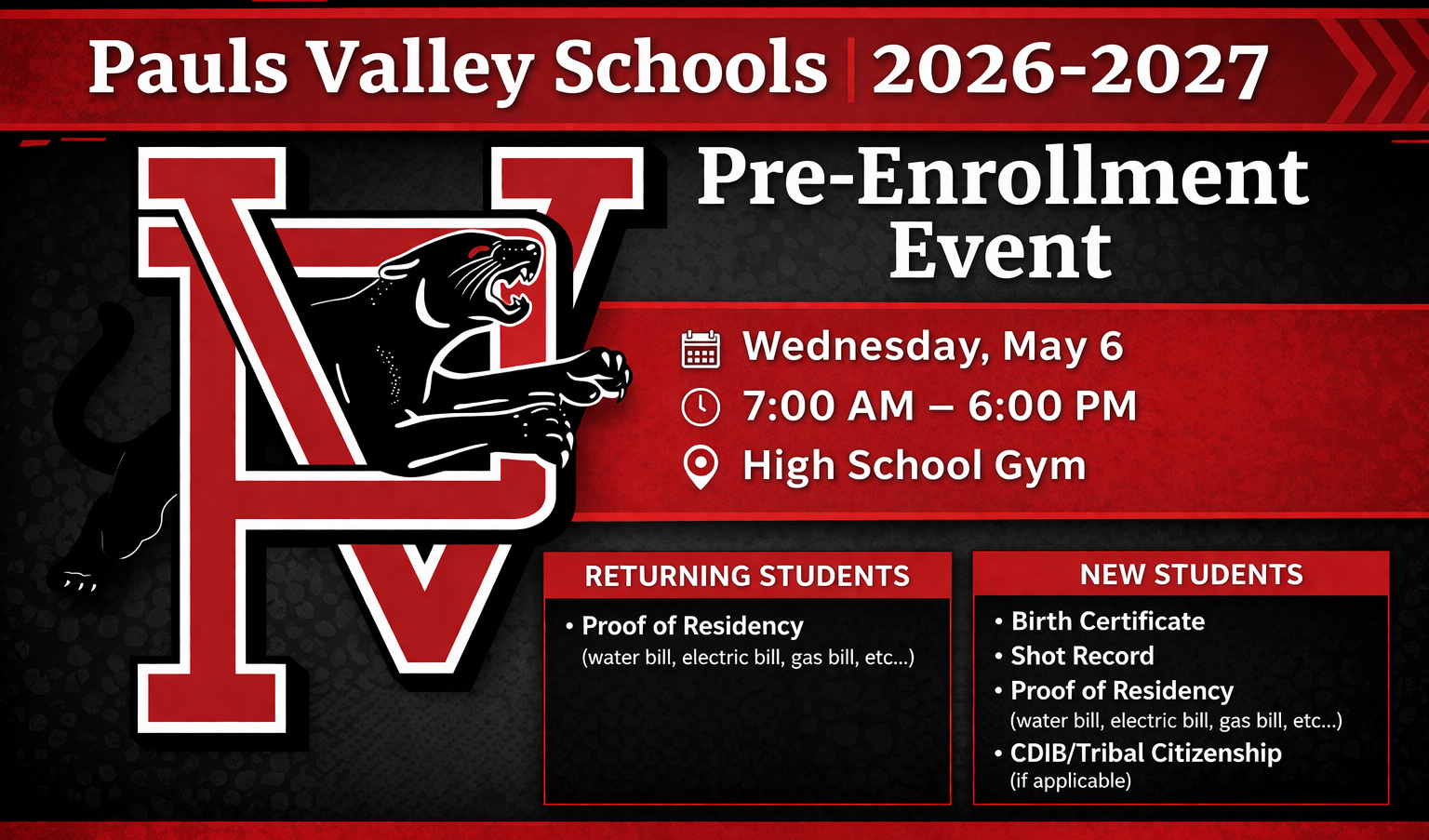 Pre Enrollment - Wed., May 6 from 7am to 6pm in the HS Gym