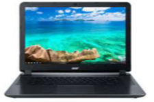 An open Chromebook with a picture of rocks in an ocean and clouds in the sky