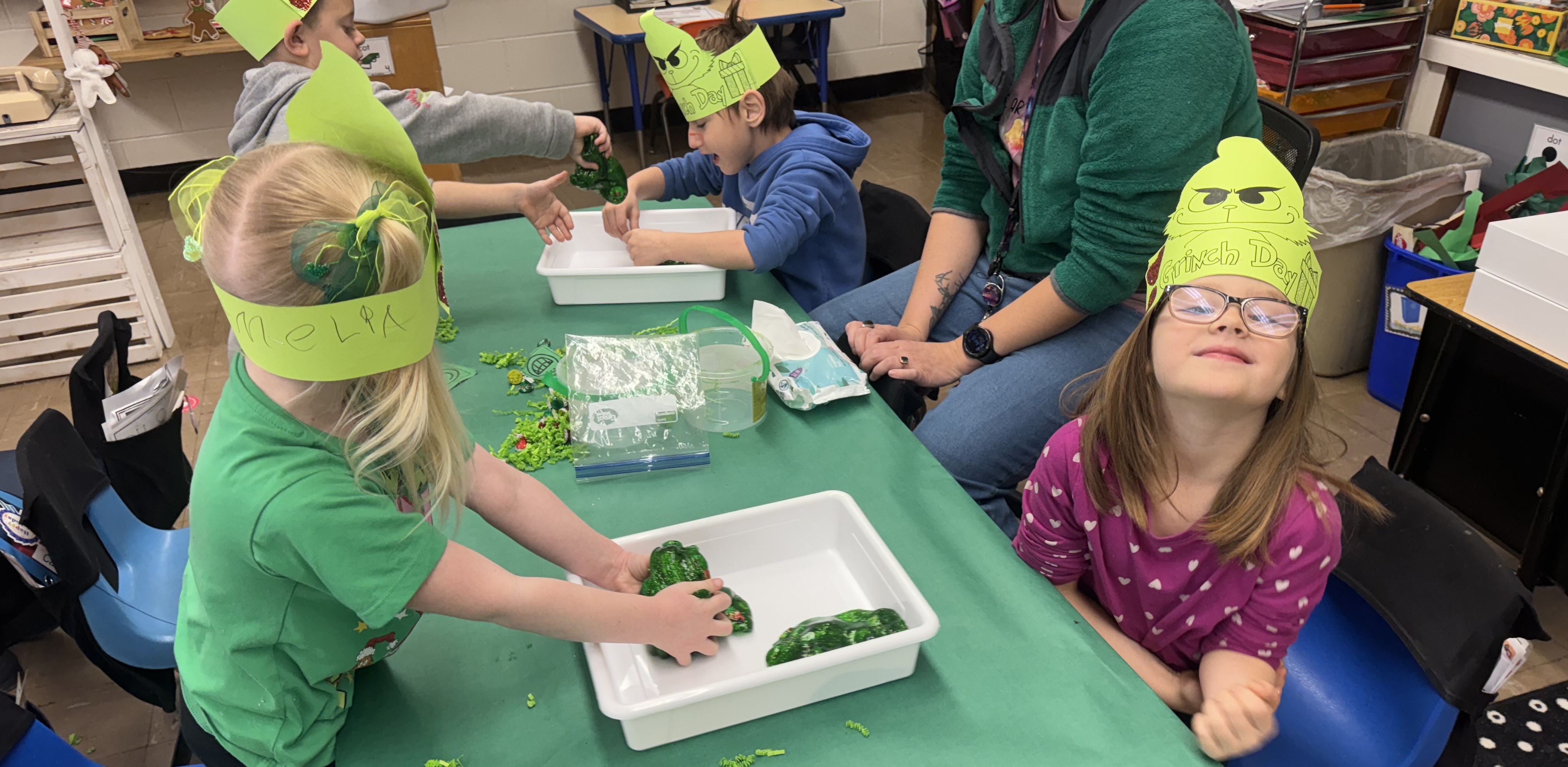 Mrs. Harper's Kindergarten class celebrating Grinch Day