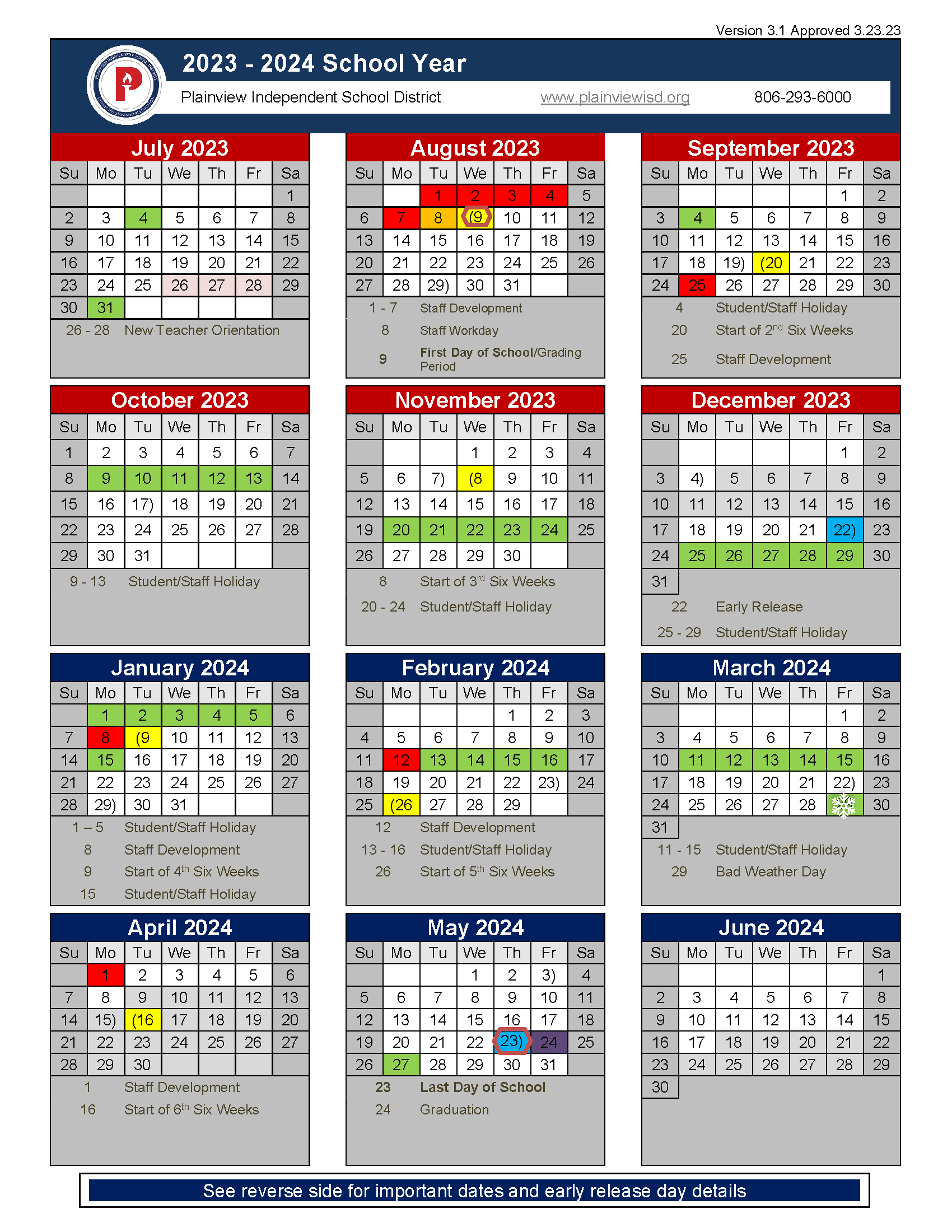 Instructional Calendar | Plainview ISD Instructional Calendar | Plainview ISD