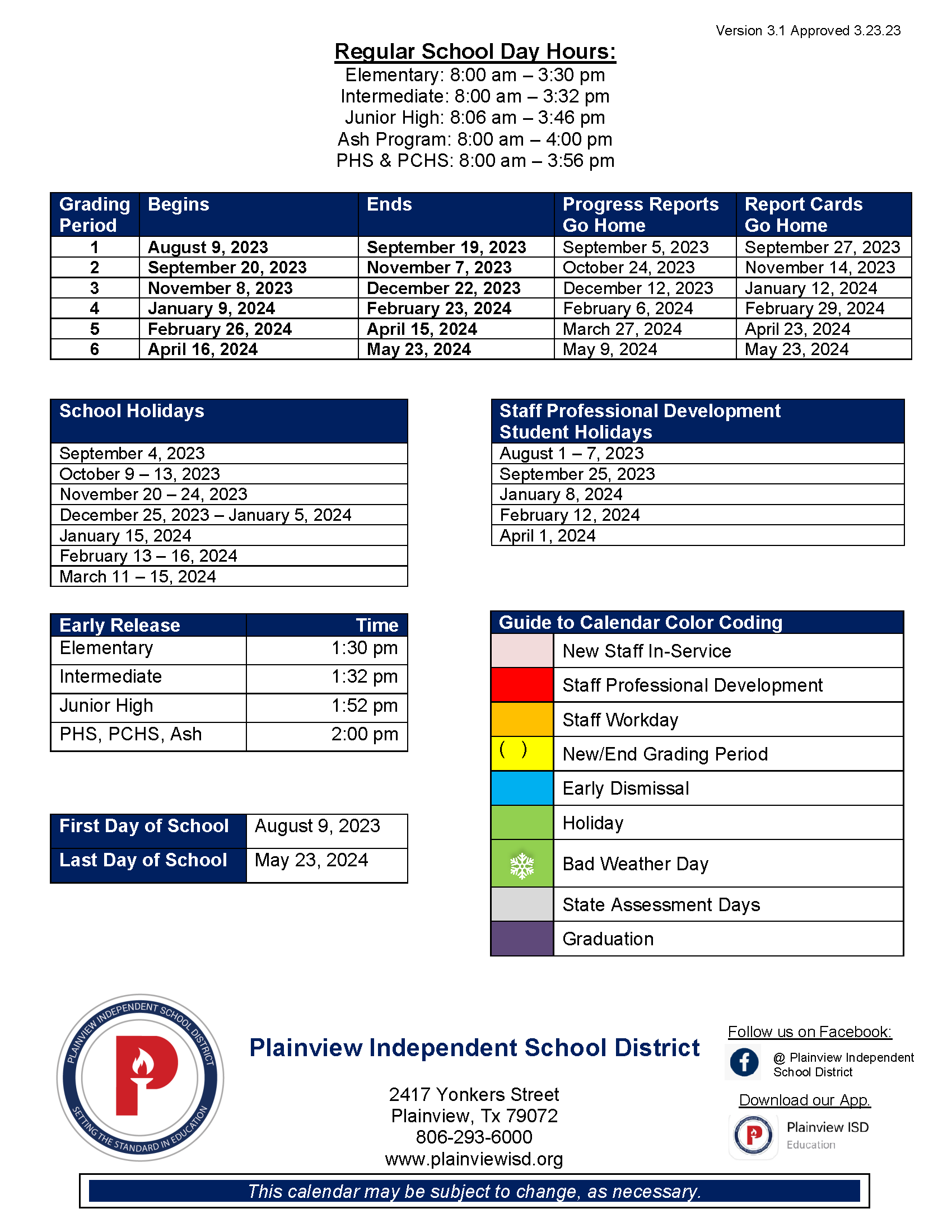 Instructional Calendar | Plainview ISD