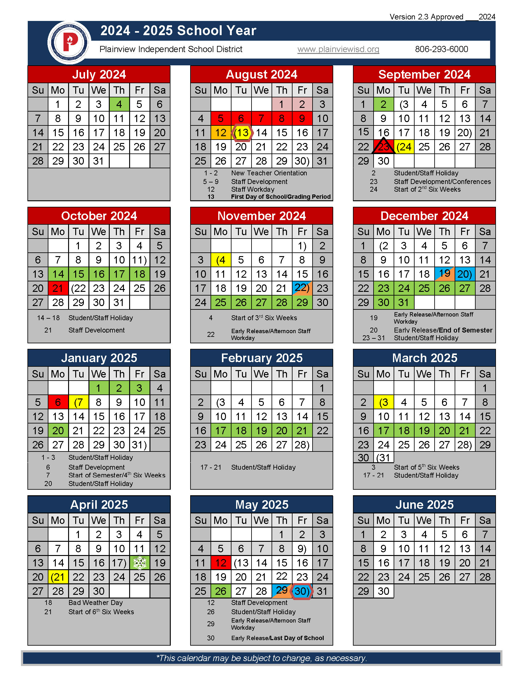 Instructional Calendar | Plainview ISD