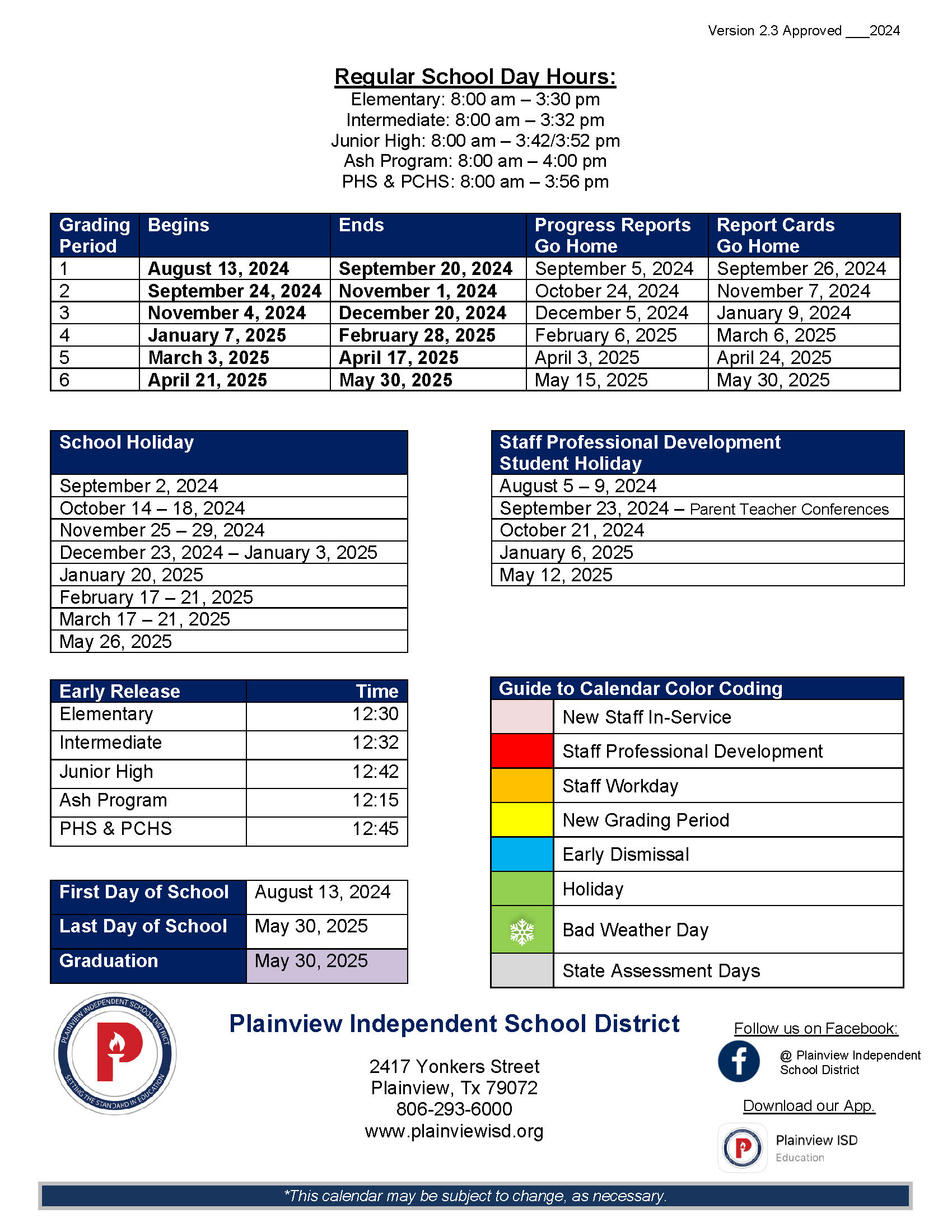 Instructional Calendar | Plainview ISD