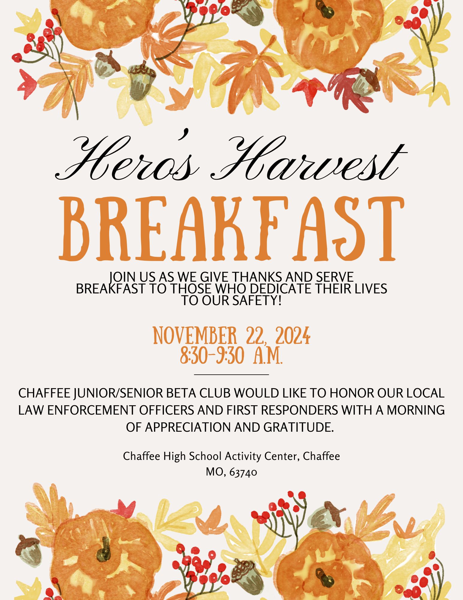 Hero's Harvest Breakfast on November 22, 2024